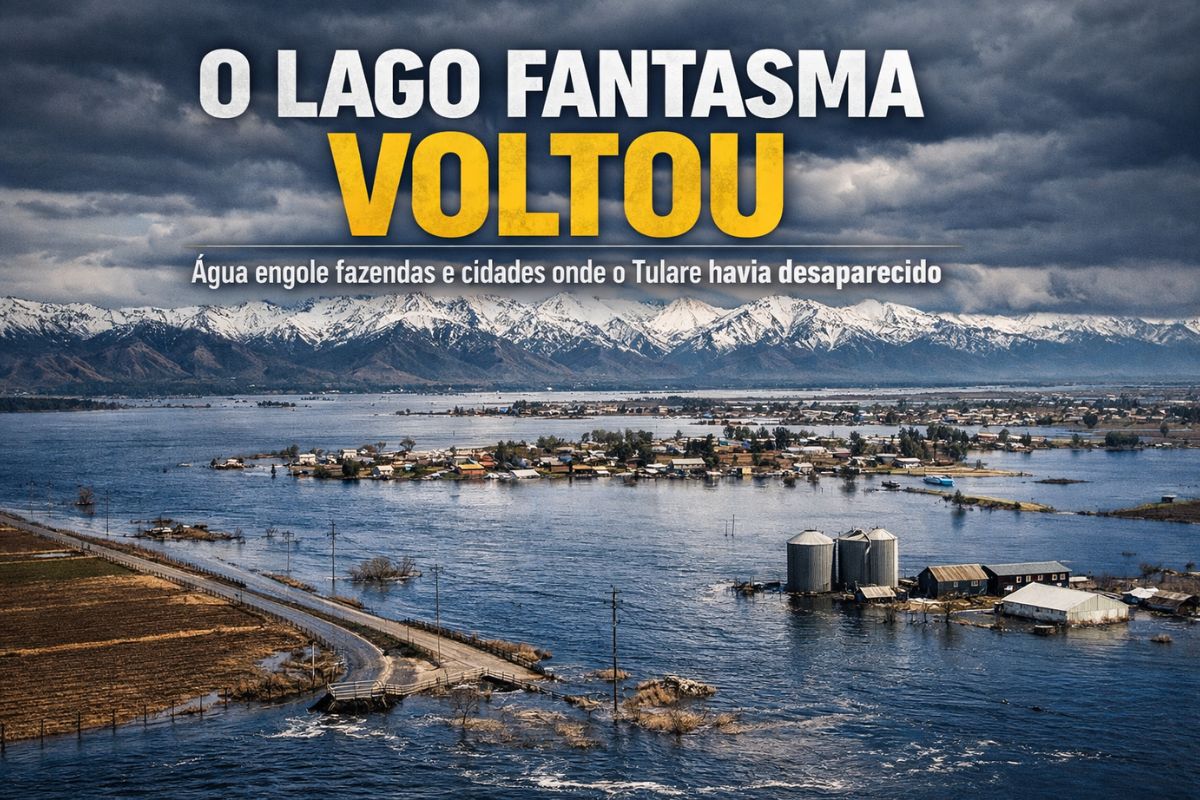 Lago fantasma ressuscita após 100 anos, engole fazendas e cidades na Califórnia, causa enchentes históricas, ameaça bilhões da agricultura e expõe como o clima extremo pode redesenhar regiões