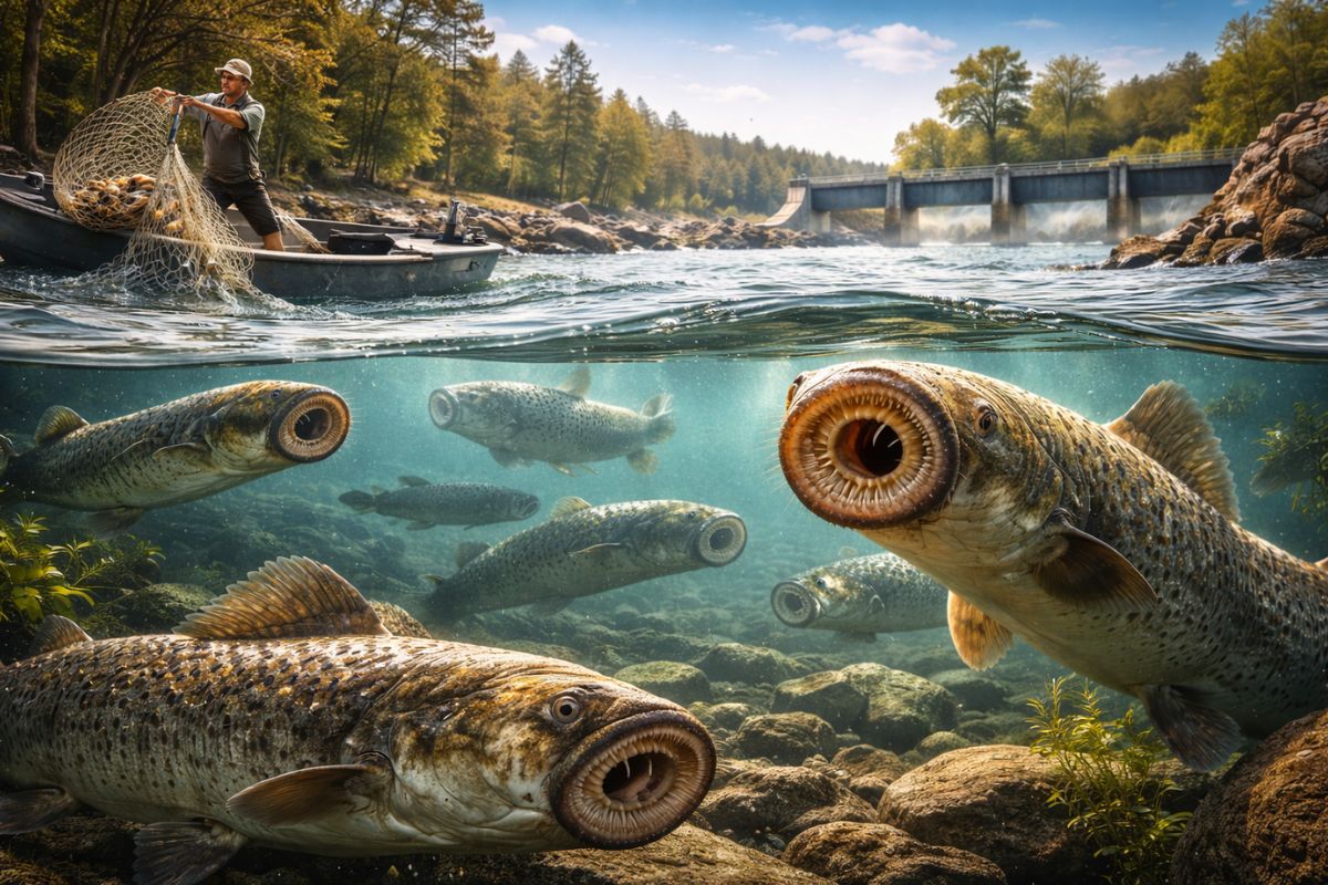 Lampreia-marinha invadiu os Grandes Lagos, derrubou a pesca e se alimenta de até 18 kg de peixe por adulto, mas foi contida em 90% e ainda resiste nos rios e tributários