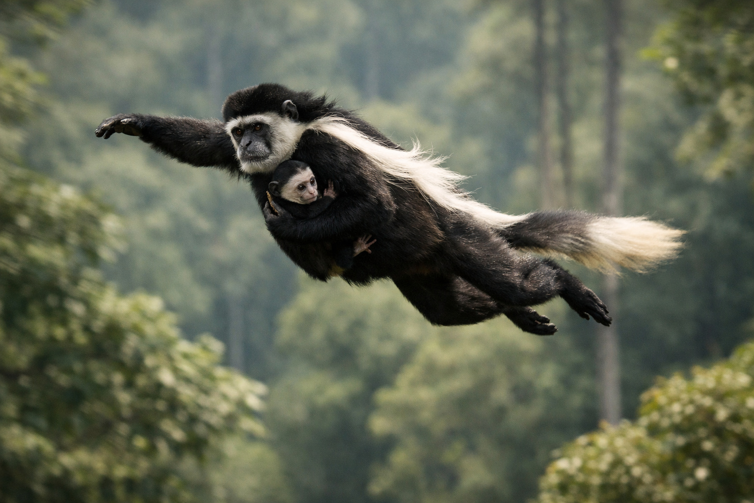 Macaco colobus desafia o vazio, calcula saltos entre árvores de 20 metros carregando filhotes, transforma a copa da floresta em ponte aérea de fuga