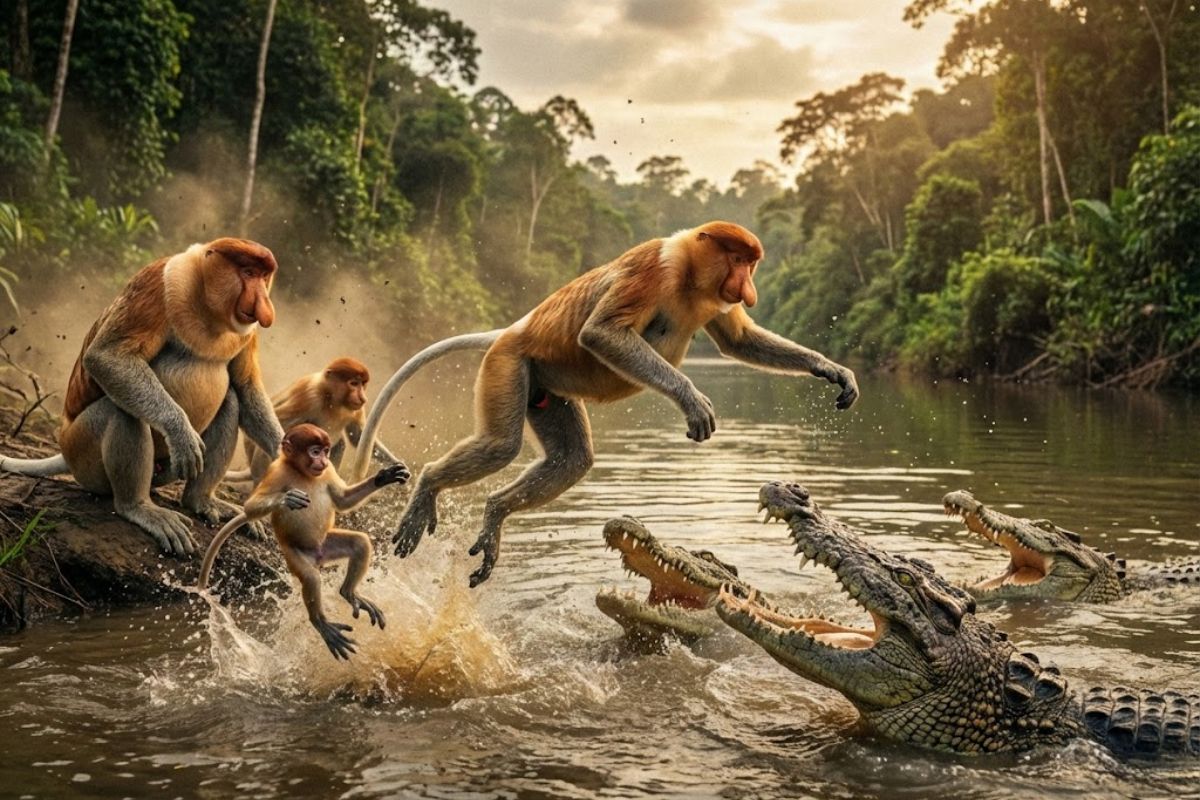 Macacos-narigudos enfrentam travessia no rio com crocodilos, seguem liderança da fêmea alfa e sobrevivem graças aos pés palmados e ao nado impressionante.