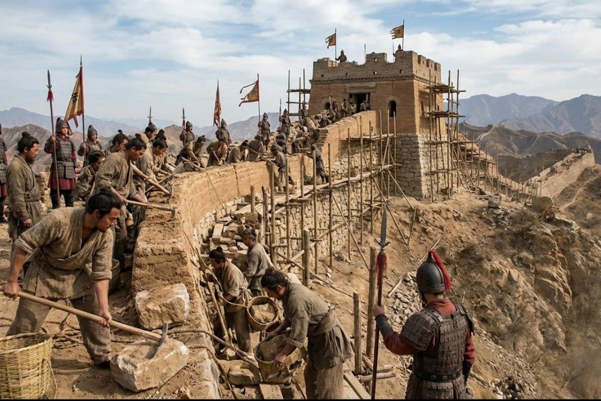 Grande Muralha da China: trabalho forçado e terra compactada com torres de vigia sob a dinastia Qin, detalhes da mobilização e da engenharia.