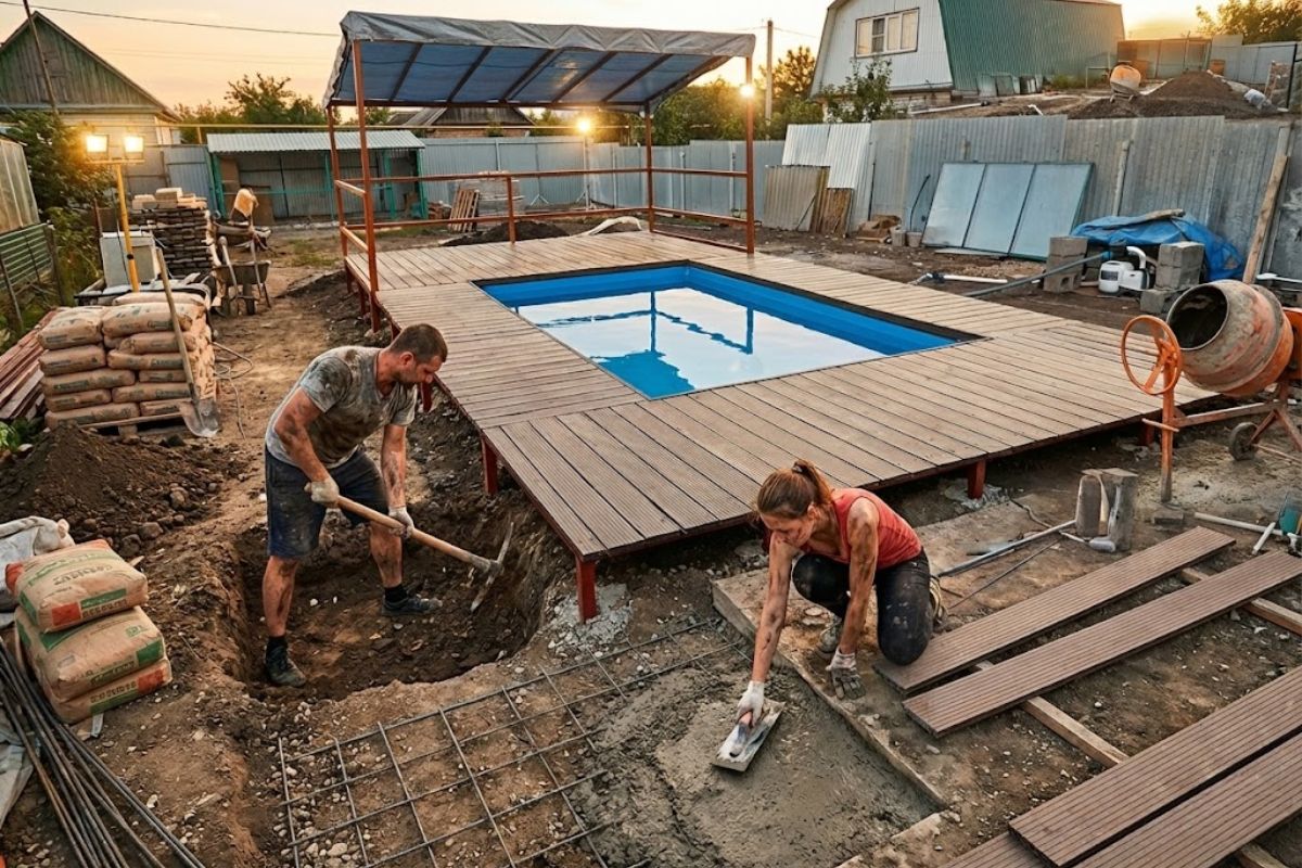 Casal ergue piscina completa em 7 dias, detalhando cada etapa da construção, com deck de madeira, impermeabilização precisa e cobertura retrátil moderna.