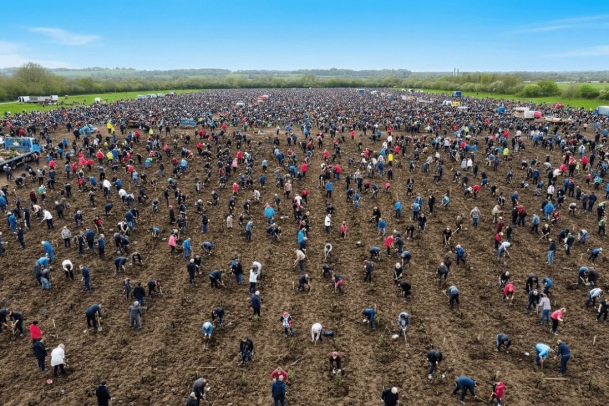 Nas Grandes Planícies, milhões de árvores são plantadas pelos EUA; cinturão de abrigo contra Dust Bowl corta vento e protege solo.