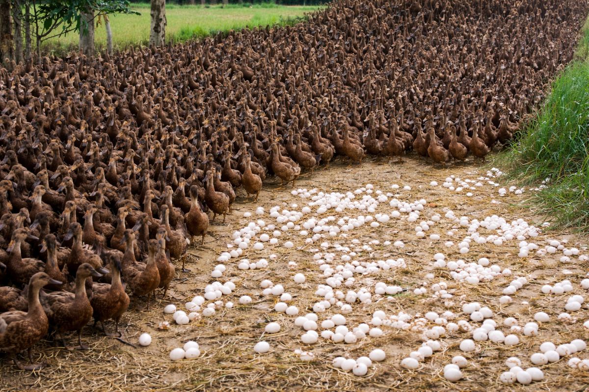 Milhões de patos soltos parecem “infinito” e enchem o chão de ovos, mas a criação existe por outro motivo eles são soltos nas lavouras de arroz para comer pragas e ervas