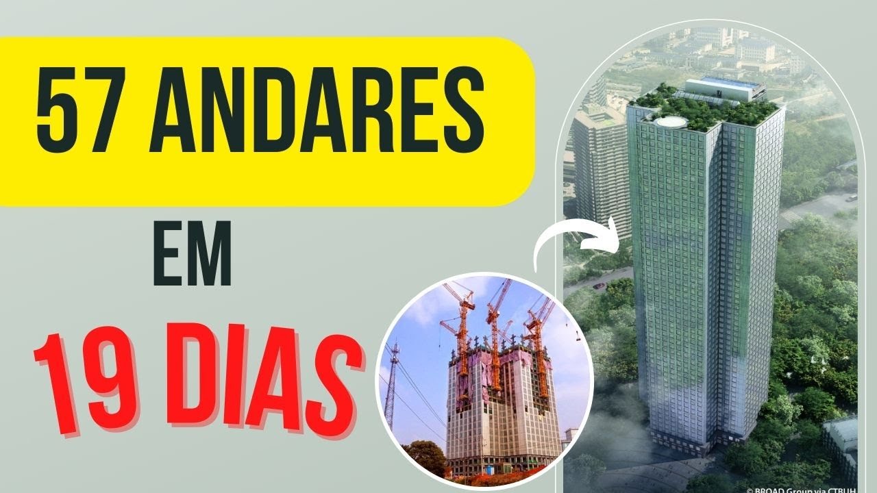 Com 57 andares montados em 19 dias, a China mostra como prédios modulares podem ser erguidos com peças industrializadas, elevadores já instalados e fachadas que chegam prontas para encaixe