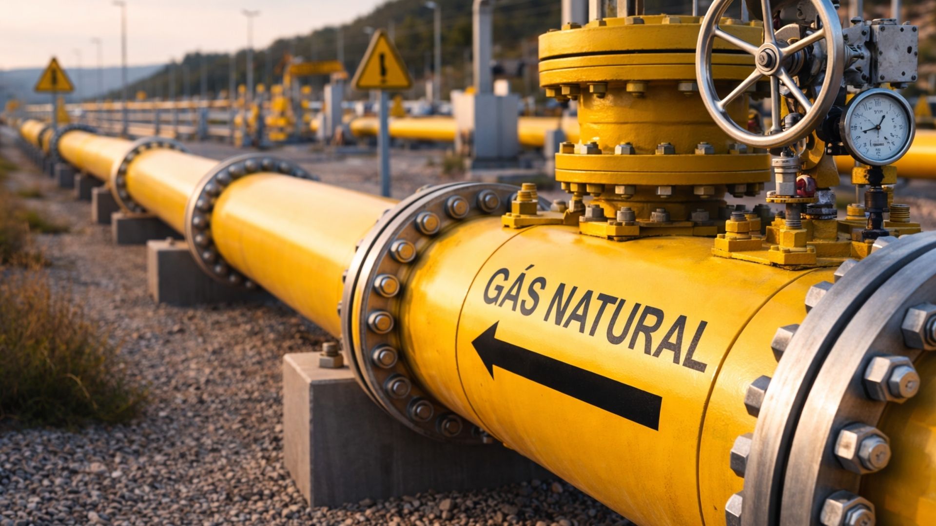Tubulação de gás natural com marcação “GÁS NATURAL”, representando infraestrutura energética, ilustrando a redução de tarifas anunciada pela Naturgy a partir de 1º de fevereiro.