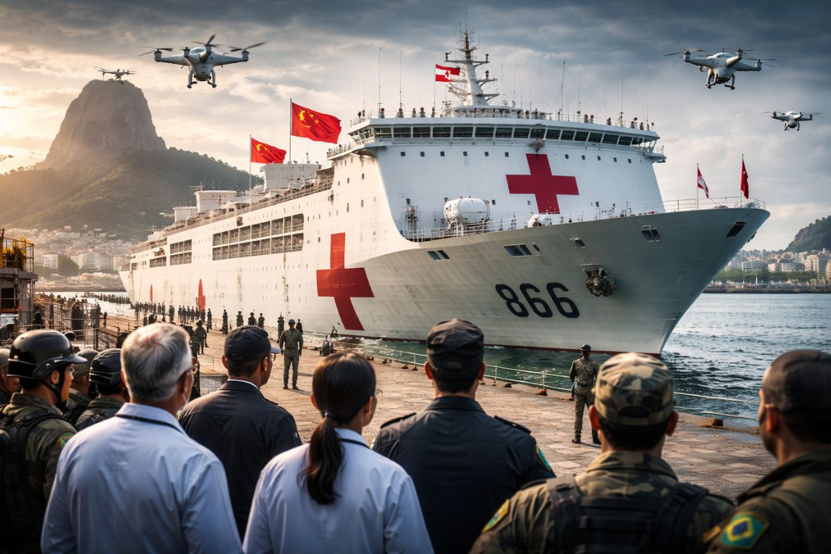 Navio-hospital gigante da China atracou no Rio de Janeiro, no Pier Mauá, gerou reação do Cremerj e debate sobre coleta de dados estratégicos e segurança.