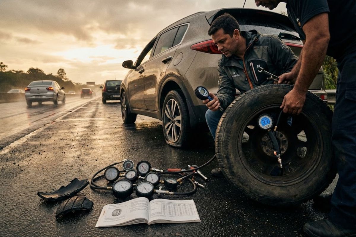 A calibragem dos pneus correta, conforme o manual do fabricante, garante segurança na estrada, pressão dos pneus ideal e menor consumo de combustível.