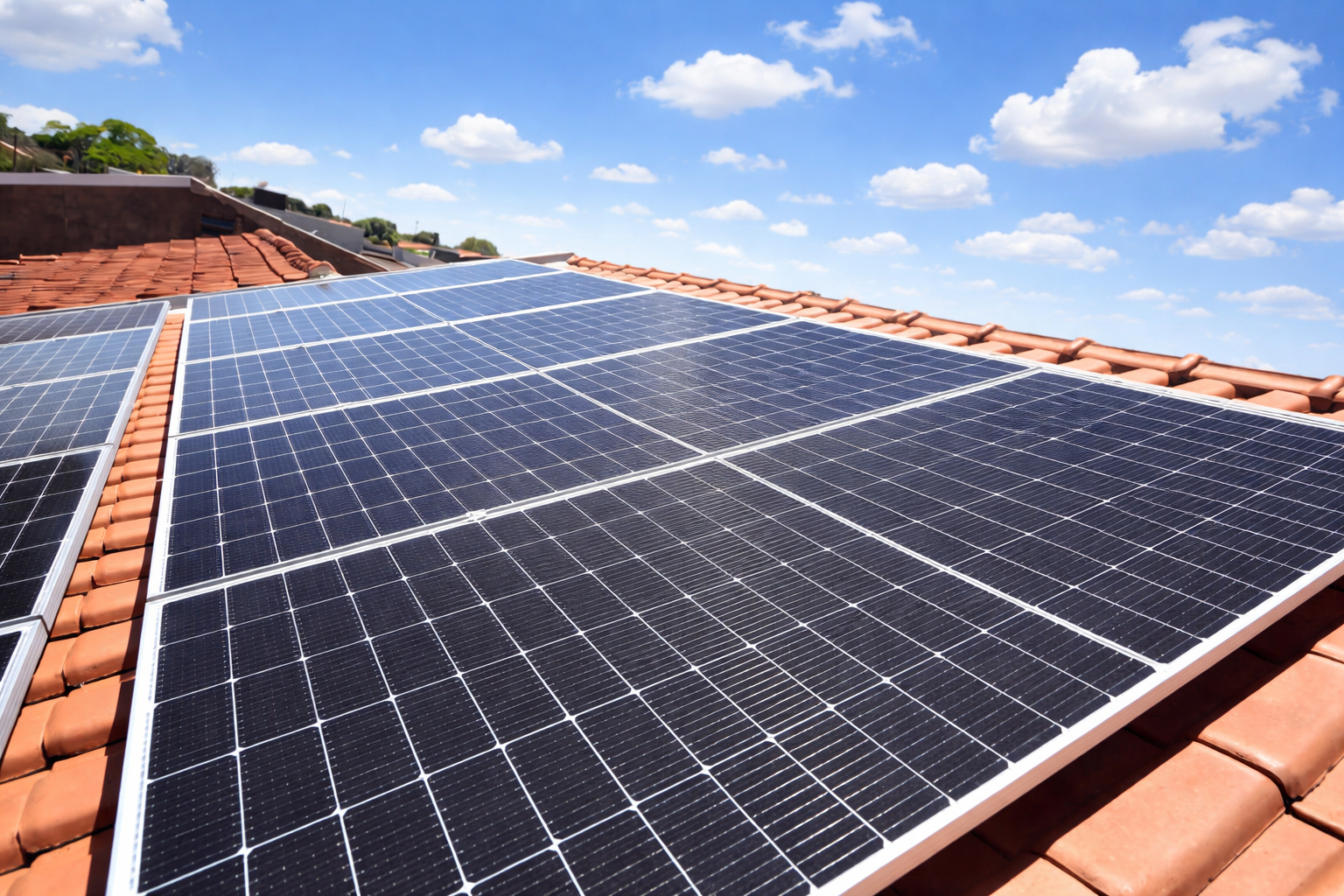 Painéis solares instalados em telhado de cerâmica, com céu azul e nuvens leves ao fundo.