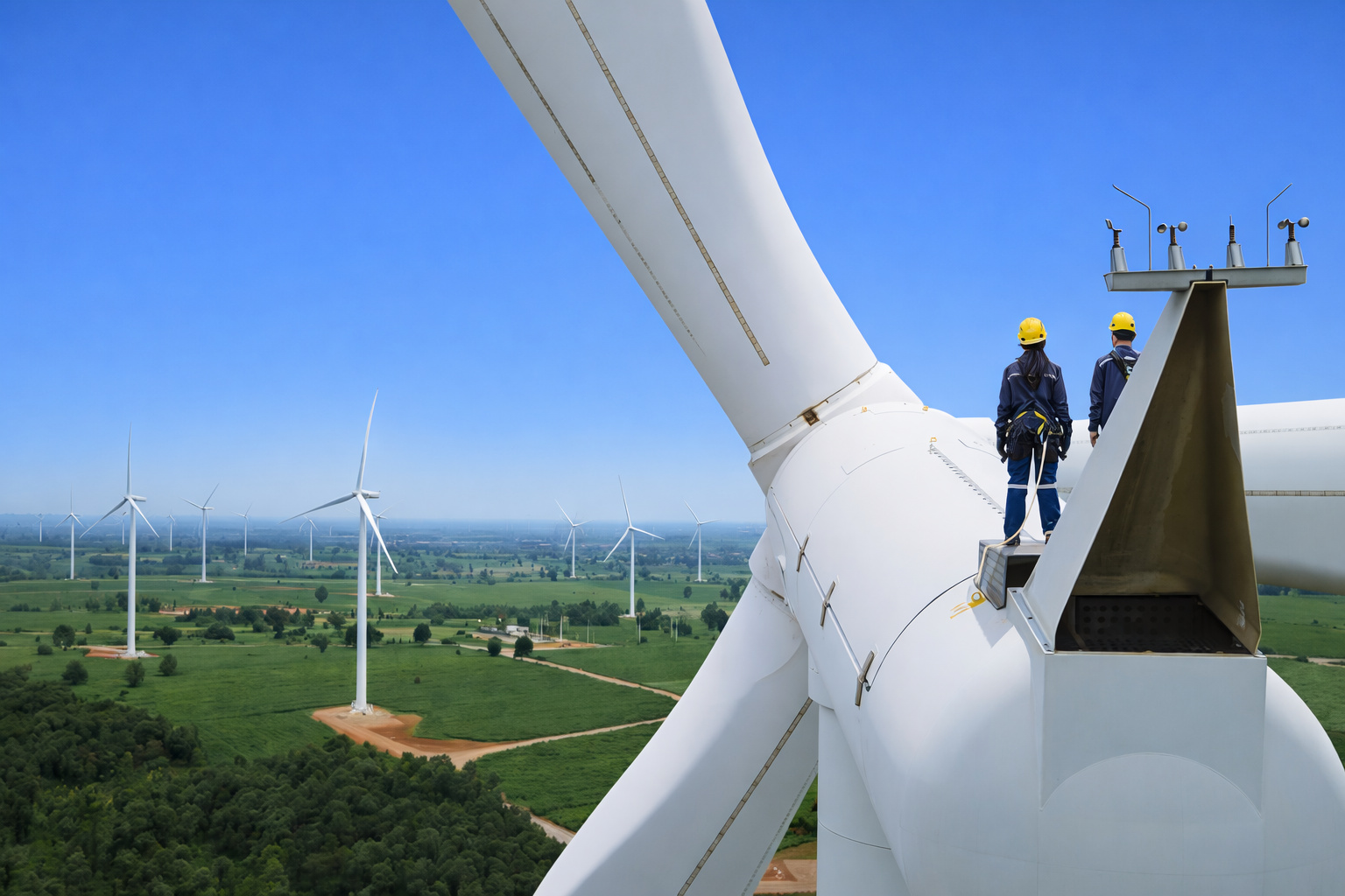 Dois técnicos com capacetes e cintos de segurança em cima de uma turbina eólica, com várias turbinas ao fundo em campos verdes sob céu azul limpo.