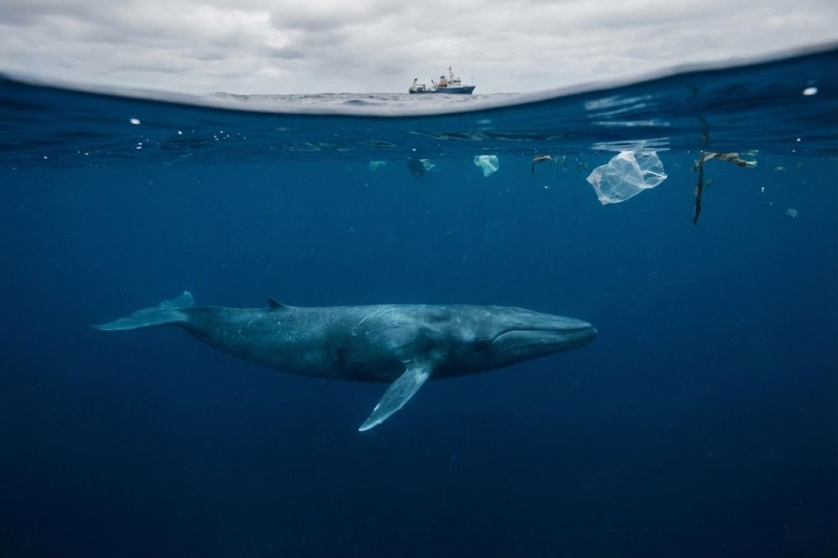 maior animal que já existiu em risco: baleia-azul depende de krill, corais sofrem calor marinho e microplásticos entram na cadeia alimentar, do gelo à Amazônia.