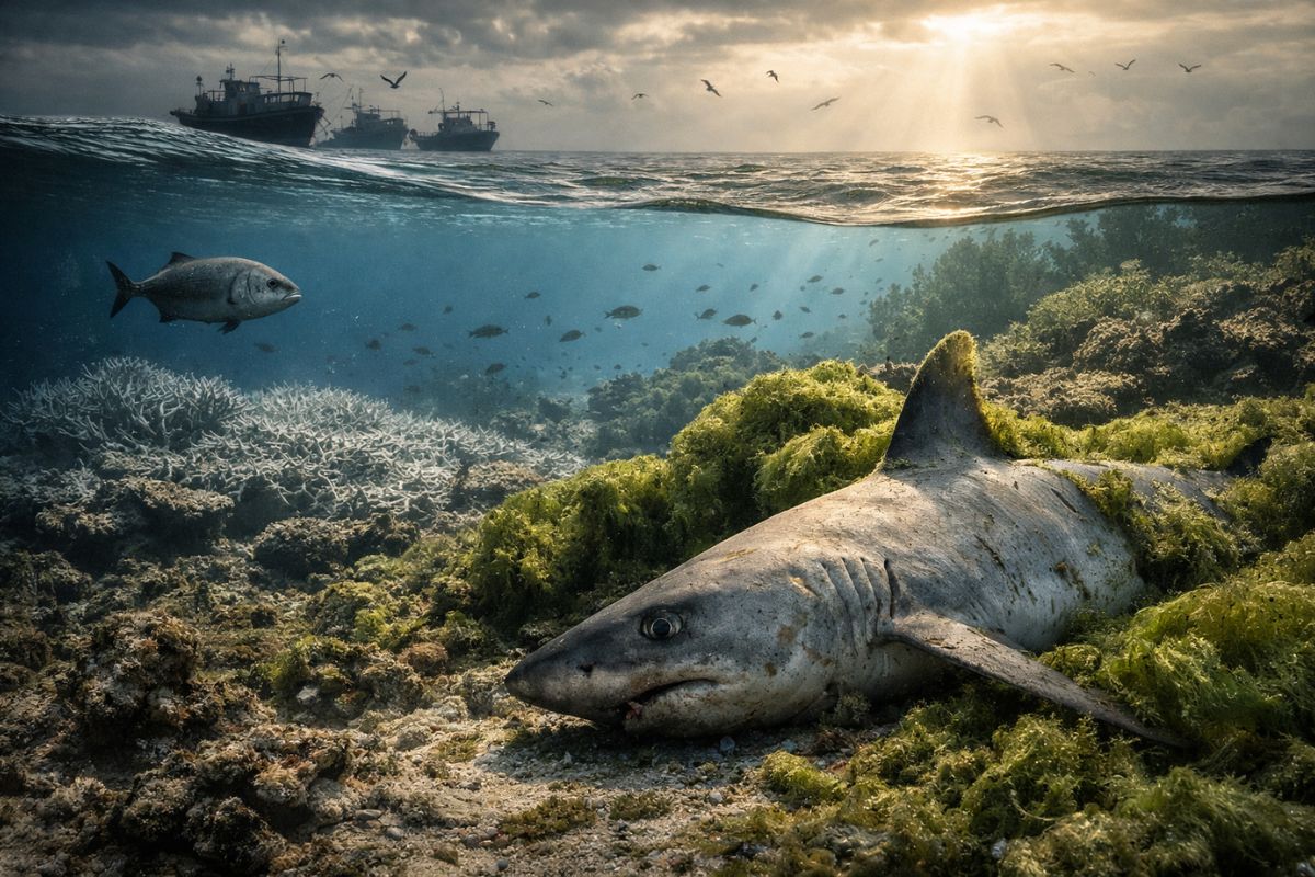 tubarões no Oceano Índico: recifes cobertos de algas e pesca em colapso mostram efeito dominó quando o topo da cadeia desaparece.