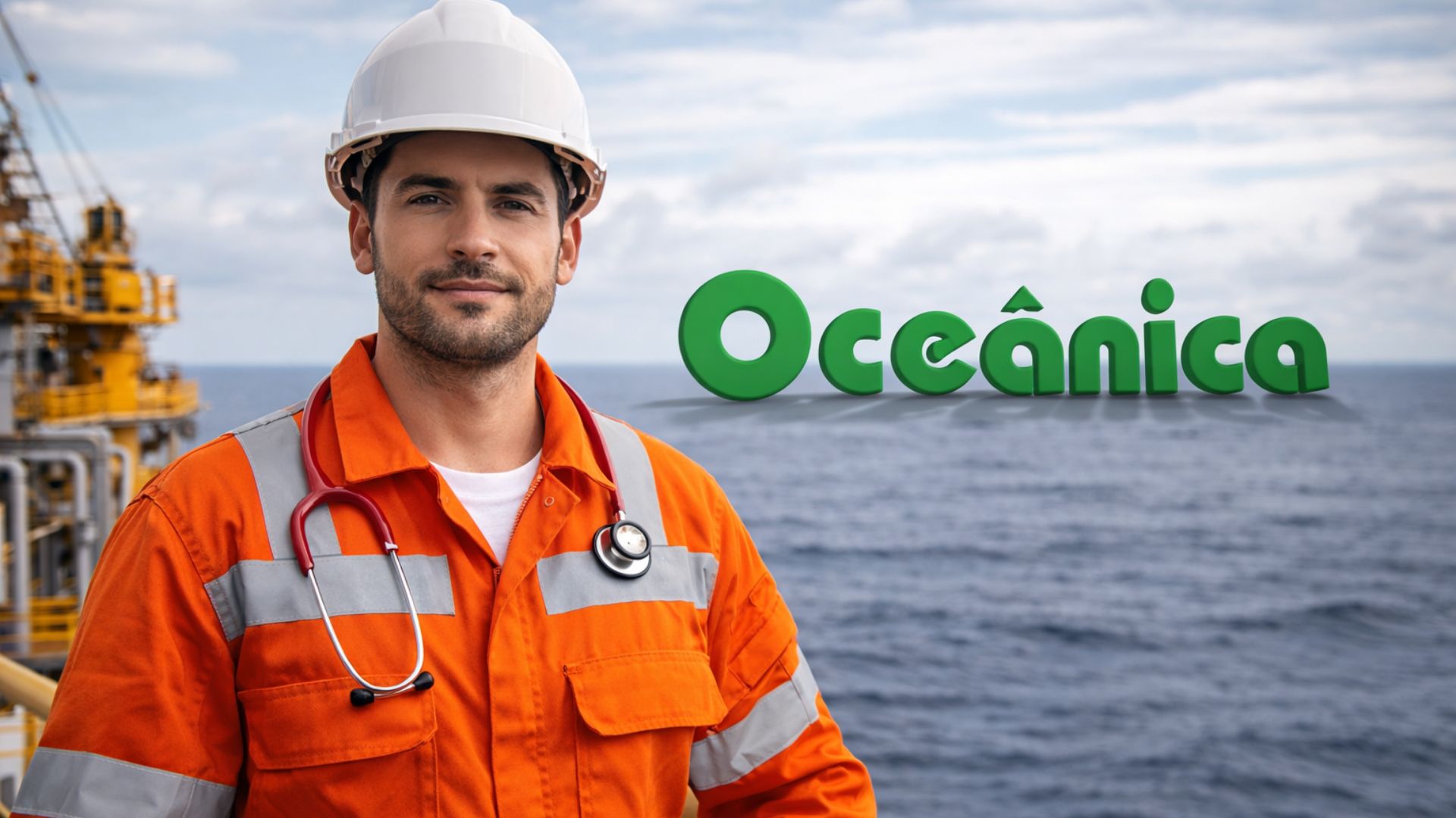 Enfermeiro offshore usando macacão de segurança laranja e capacete branco em plataforma marítima, com o logotipo da Oceânica ao fundo sobre o oceano.