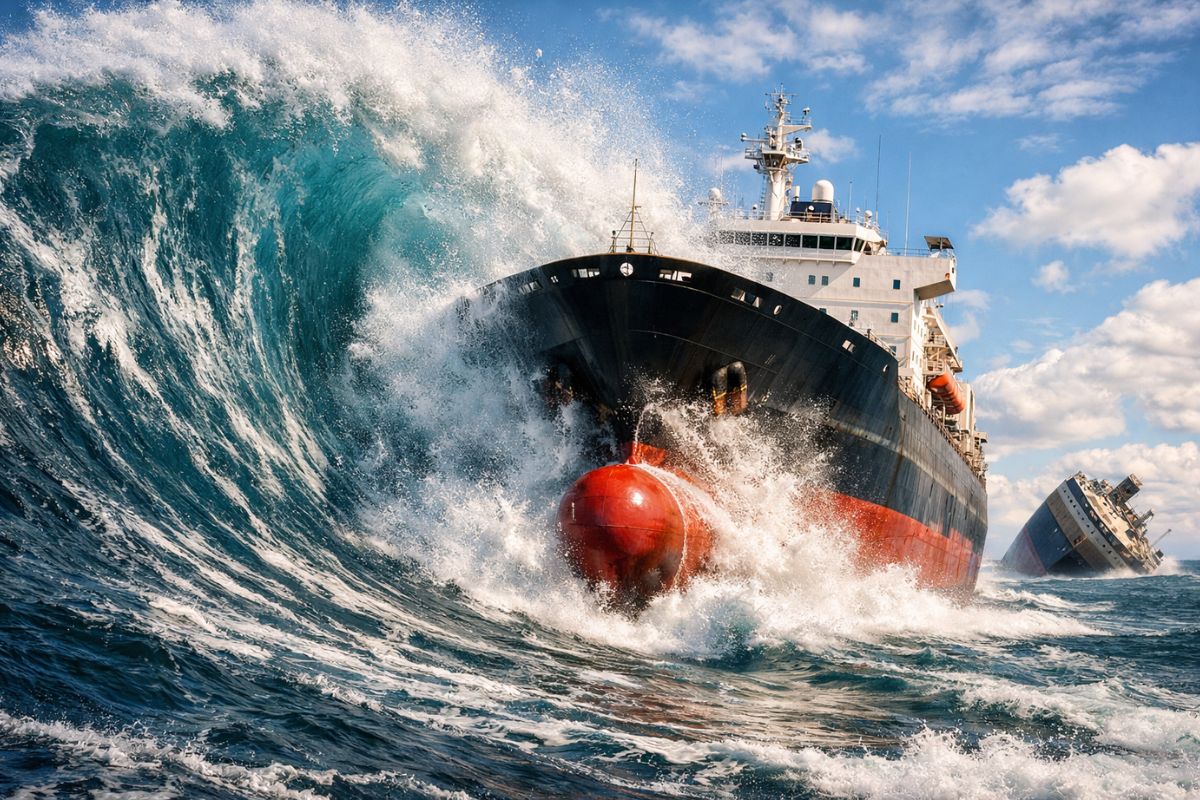 Onda de 10 andares não afunda navio casco com flare e bulbo dispersa impacto, reserva de flutuabilidade e estabilidade adrizante seguram a inclinação, mas um erro humano pode virar (3)