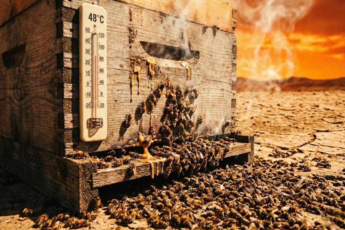 Ondas de calor colocam abelhas sob estresse térmico, fazem colmeia perder resfriamento e ameaçam a polinização que sustenta lavouras e ecossistemas.