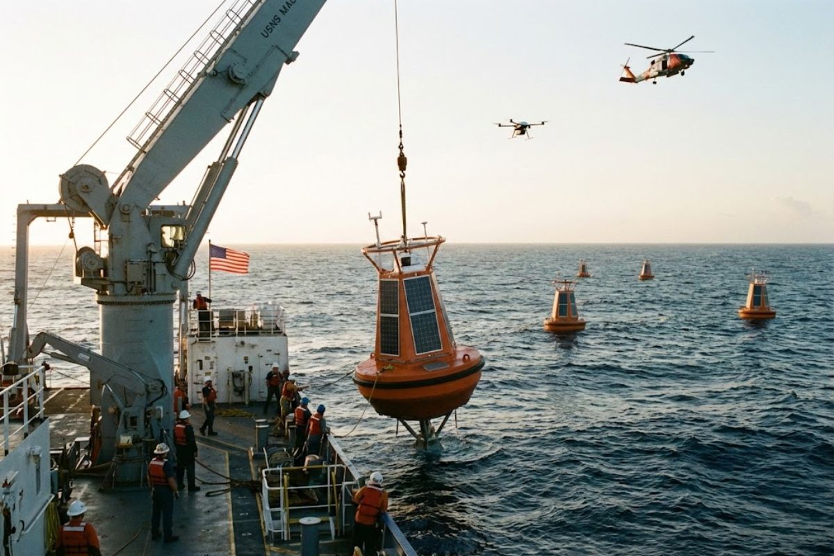 Boias inteligentes no oceano viram torres PowerBuoy com 5G, energia renovável e vigilância contínua na Califórnia em 2026, permitindo coleta de dados em tempo real e monitoramento marítimo permanente pelos Estados Unidos.