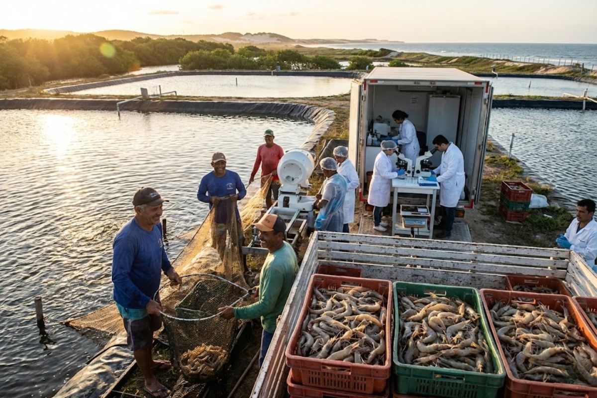 Veja como pequenos produtores de camarão no Rio Grande do Norte acessam genética 100% nacional e testes genéticos, impulsionando a aquicultura familiar em 2026 com ganhos de produtividade e renda nos viveiros.