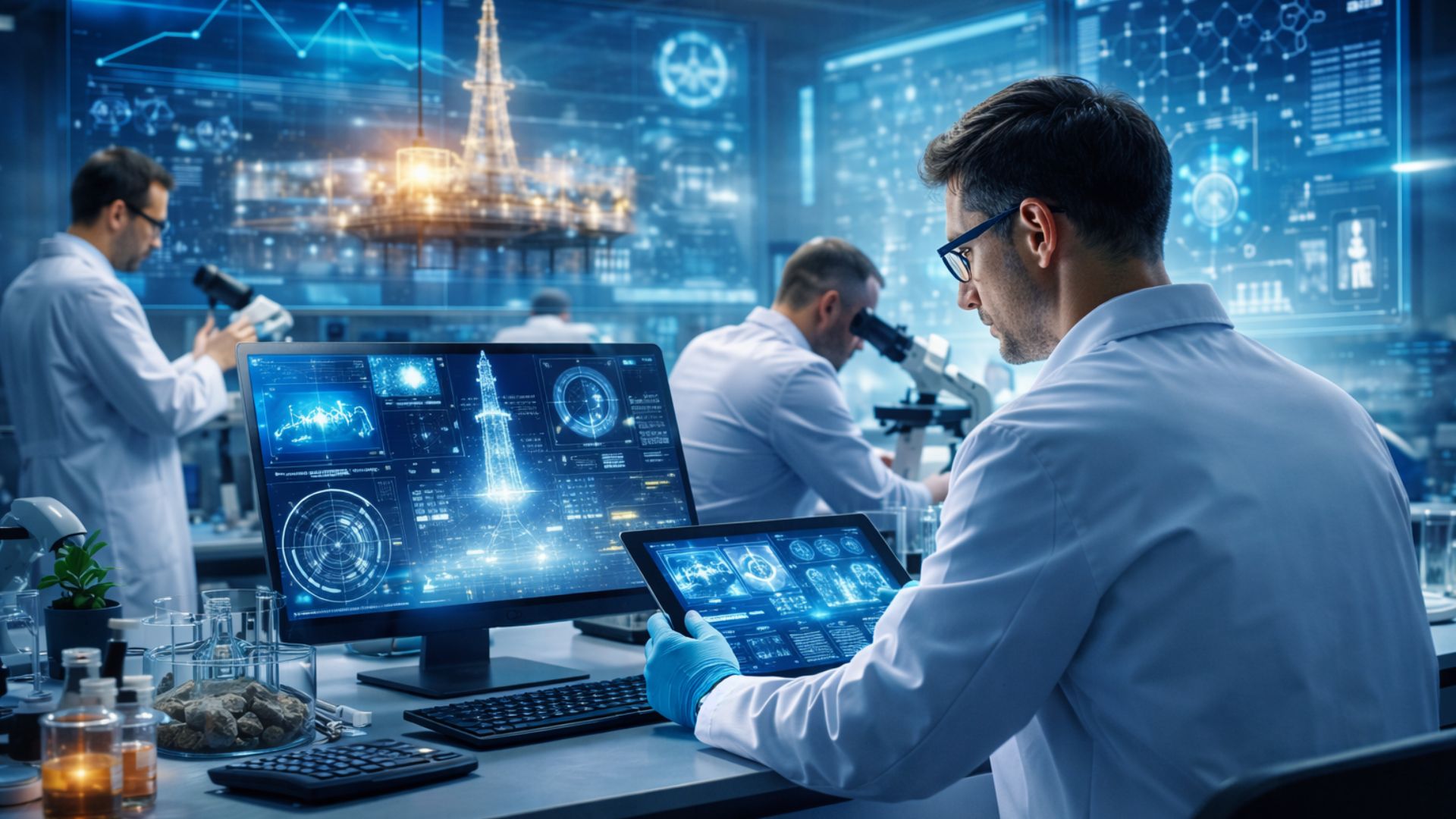 Pesquisadores trabalham em laboratório avançado de pesquisa e desenvolvimento no setor de petróleo e gás, analisando dados digitais e amostras geológicas em projetos de PD&I.