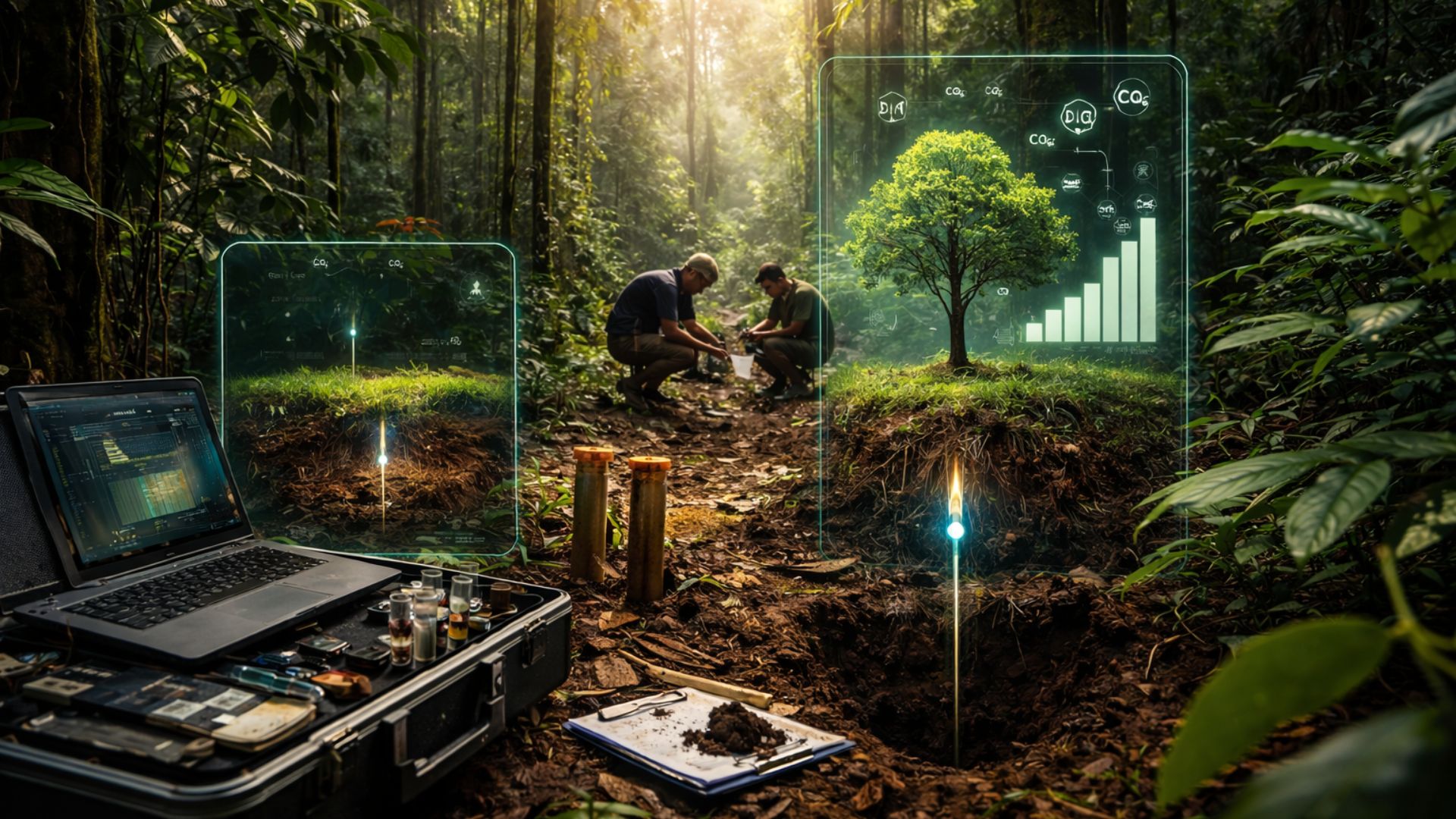 Paisagem brasileira com floresta densa e área de solo exposto representando estudo sobre estoque de carbono em solos e florestas financiado por Petrobras e Shell