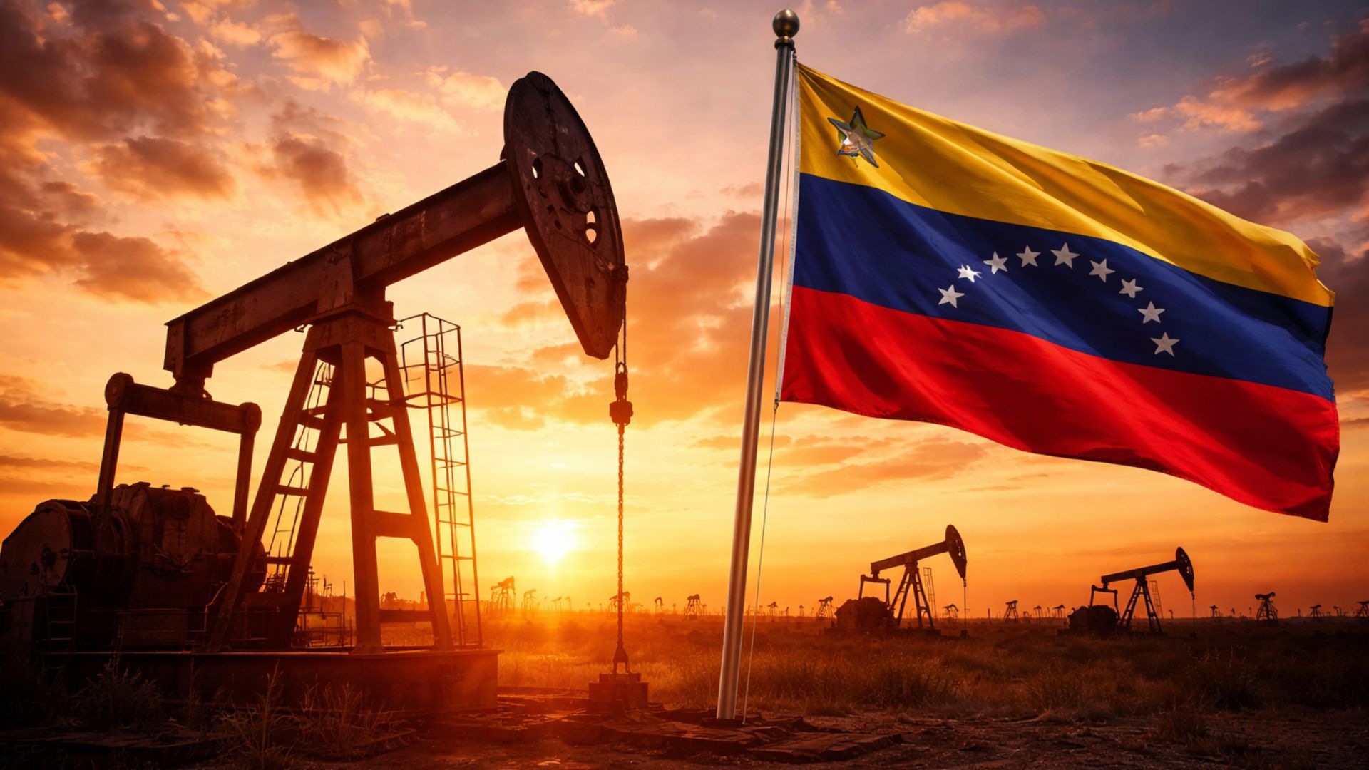 Bomba de petróleo em operação ao pôr do sol com bandeira da Venezuela ao lado, representando mudanças no setor de petróleo e a busca por investimentos estrangeiros no país.
