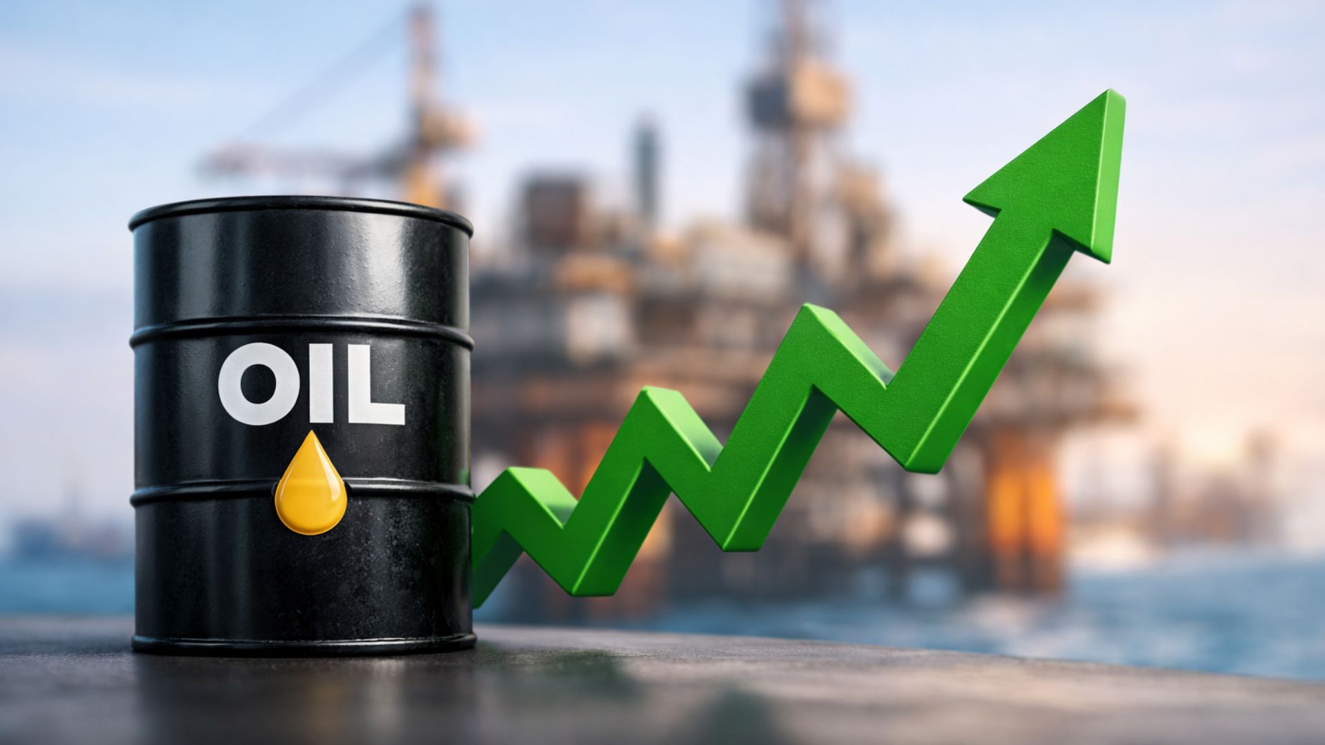 Barril de petróleo em primeiro plano com seta verde de crescimento e plataforma de petróleo desfocada ao fundo, representando alta da produção de petróleo e gás no Brasil segundo dados da ANP.