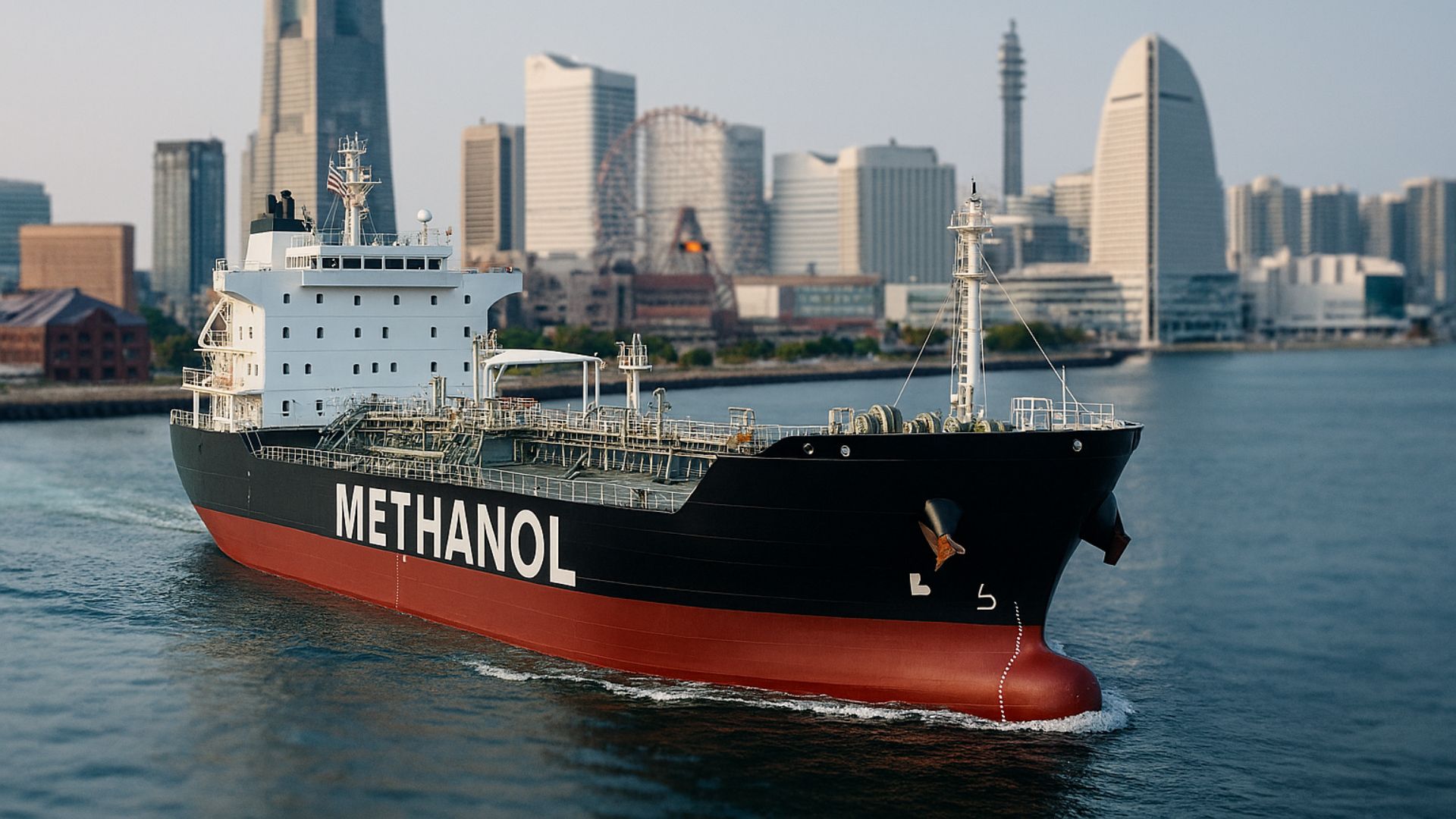 Navio cargueiro movido a metanol navegando próximo a um porto urbano no Japão, representando a adoção de combustíveis alternativos e políticas portuárias sustentáveis