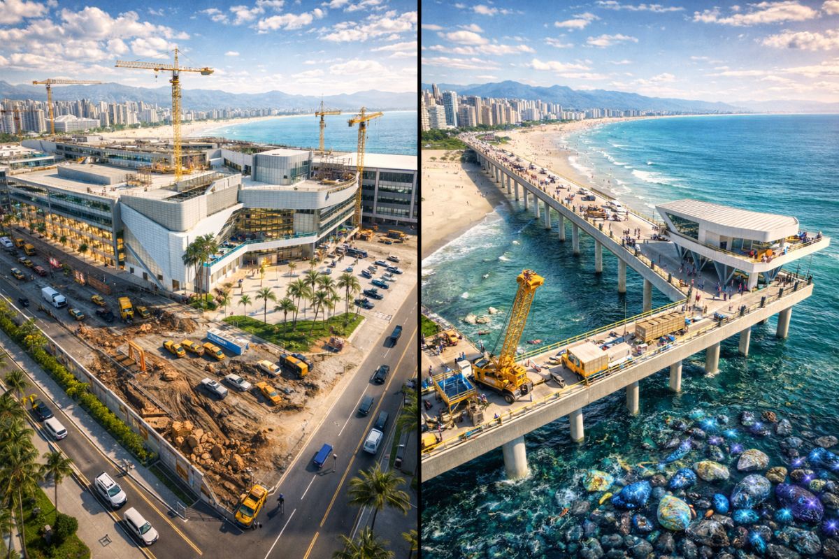 Praia Grande acelera duas obras gigantes Vilamar Shopping no Mirim com 160 mil m², mais de 300 lojas e entrega em 2027, e novo Píer na Aviação com 500 metros