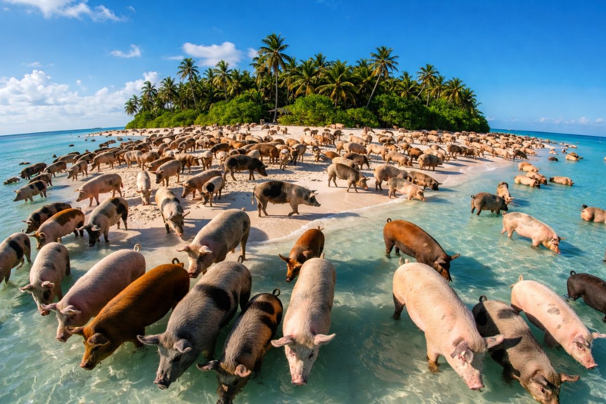 Praia paradisíaca do Caribe vira “Ilha dos Porcos” em Exuma, nas Bahamas, suínos nadam até barcos, cercam turistas por comida, têm origem misteriosa e viraram atração mundial (3)