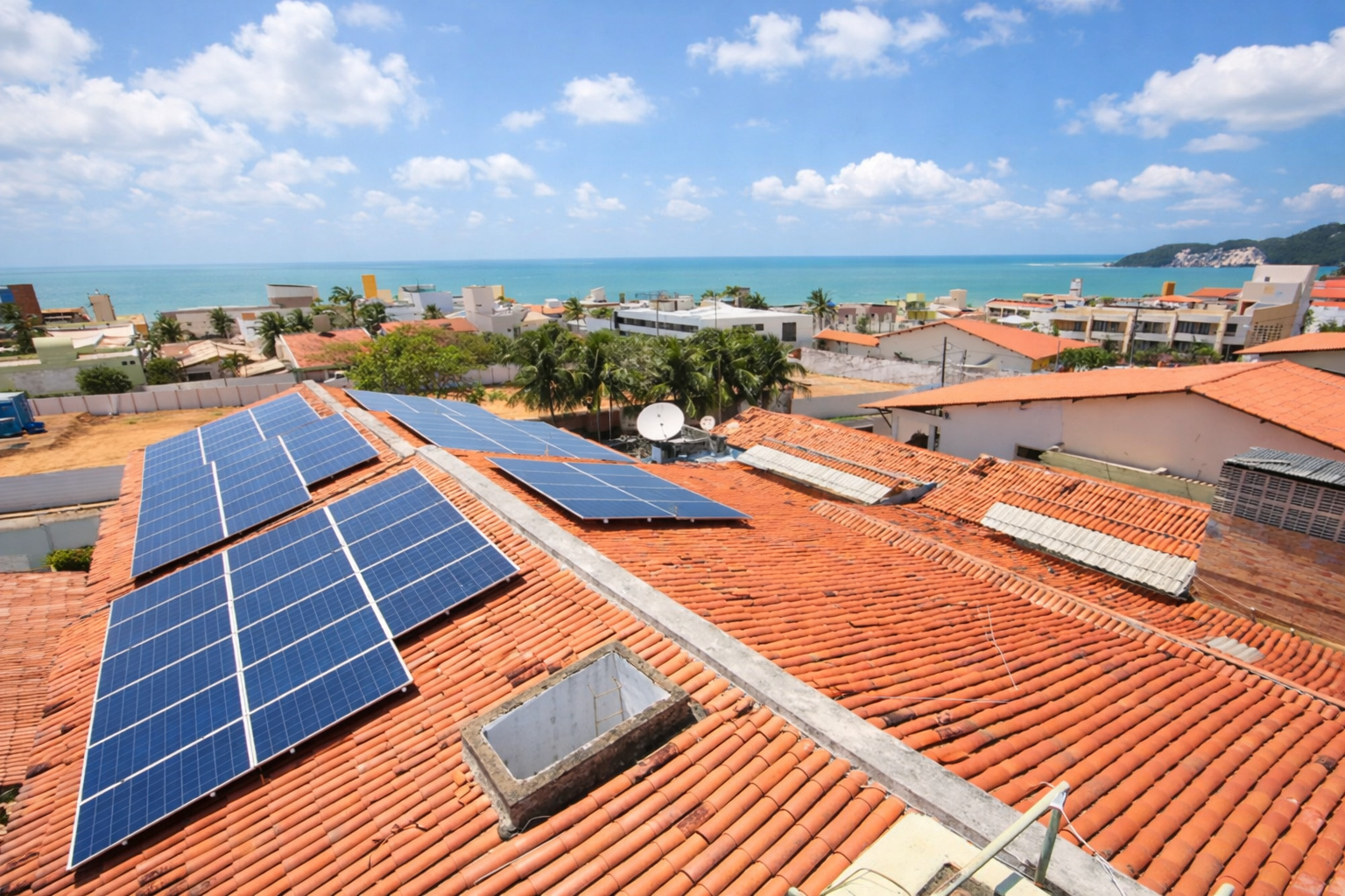 Painéis solares instalados em telhado de casas em área litorânea, com vista para o mar e céu azul com nuvens leves à tarde.