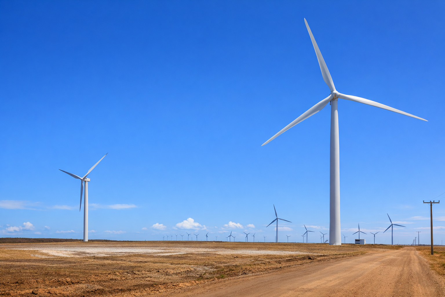 Aerogeradores em parque eólico sob céu azul de meio-dia, em área rural com estrada de terra.