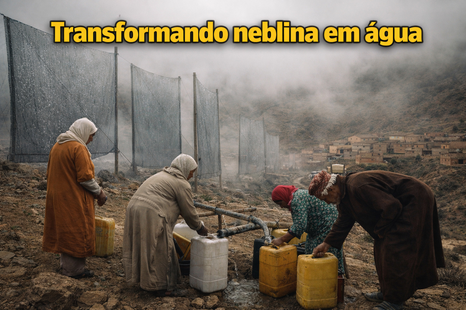 Com até 37 mil litros de água por dia capturados da neblina, redes gigantes instaladas nas montanhas do Marrocos abastecem vilarejos inteiros sem eletricidade e transformam ar seco em infraestrutura hídrica real