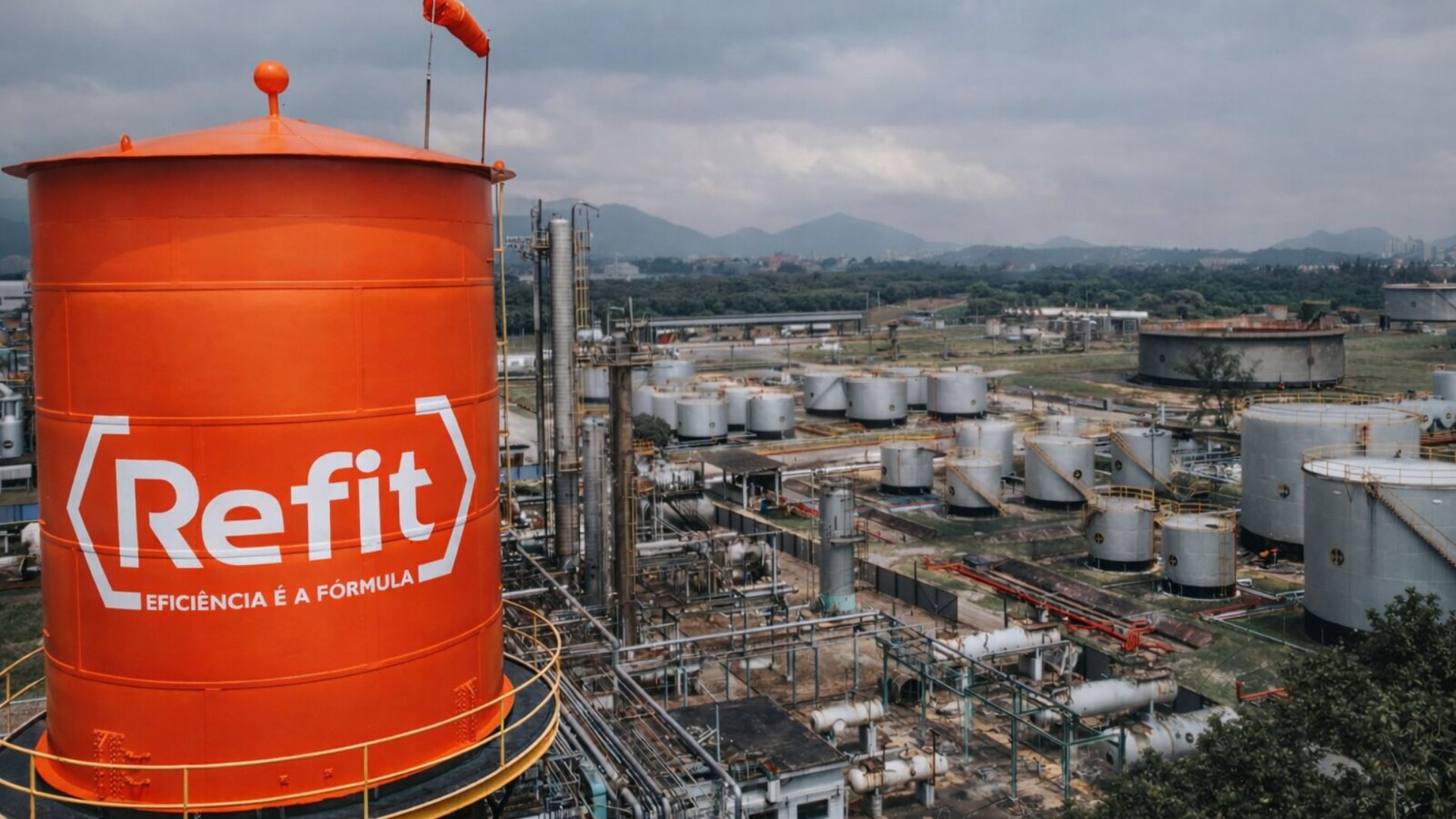 Refinaria de Manguinhos, no Rio de Janeiro, com tanque da Refit em destaque, em meio a instalações industriais e estruturas de refino de combustíveis.