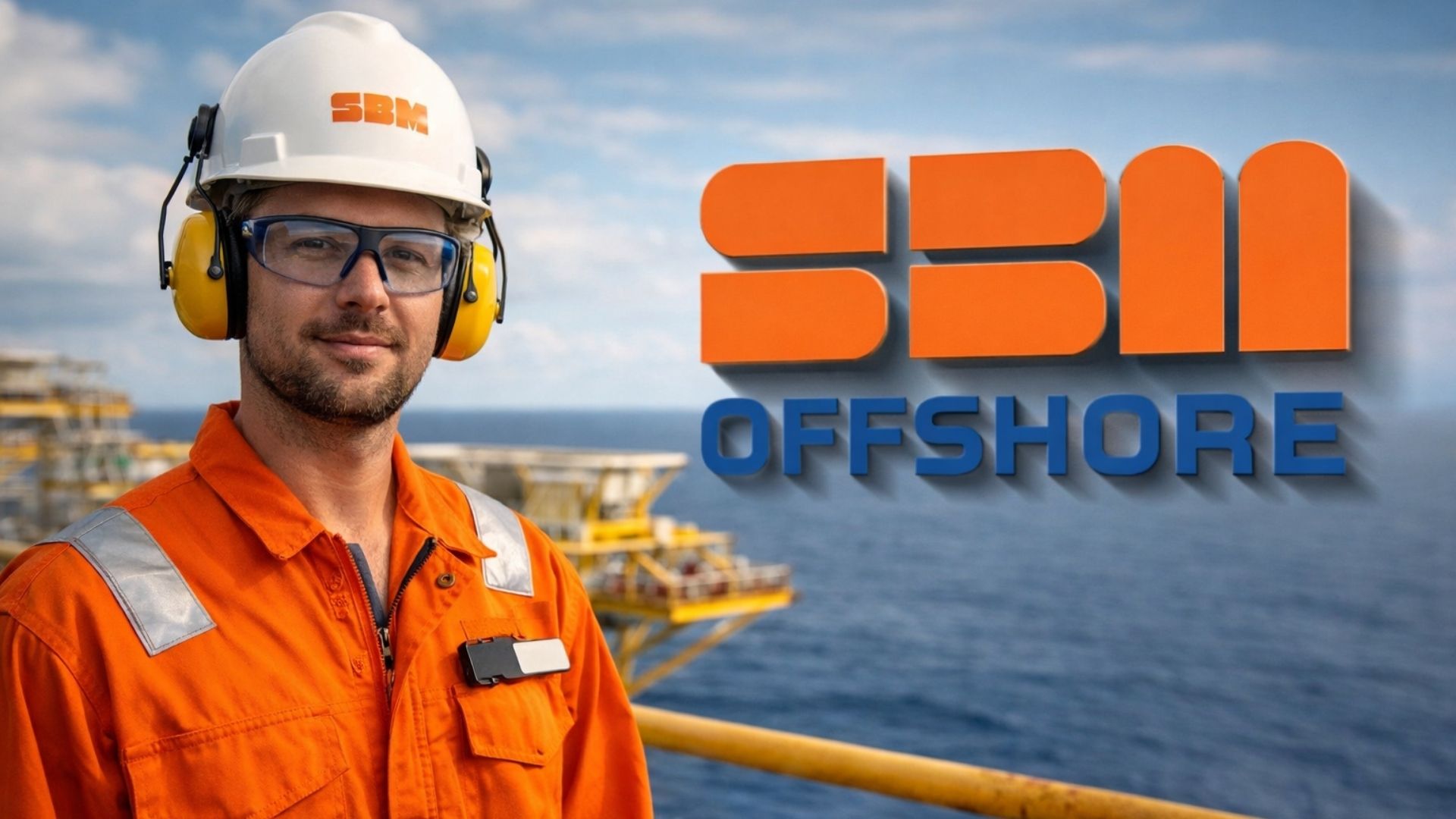 Trabalhador offshore equipado com EPI em plataforma de petróleo, ao lado do logotipo da SBM Offshore, representando vagas de emprego offshore e oportunidades para trabalhar embarcado em 2026.