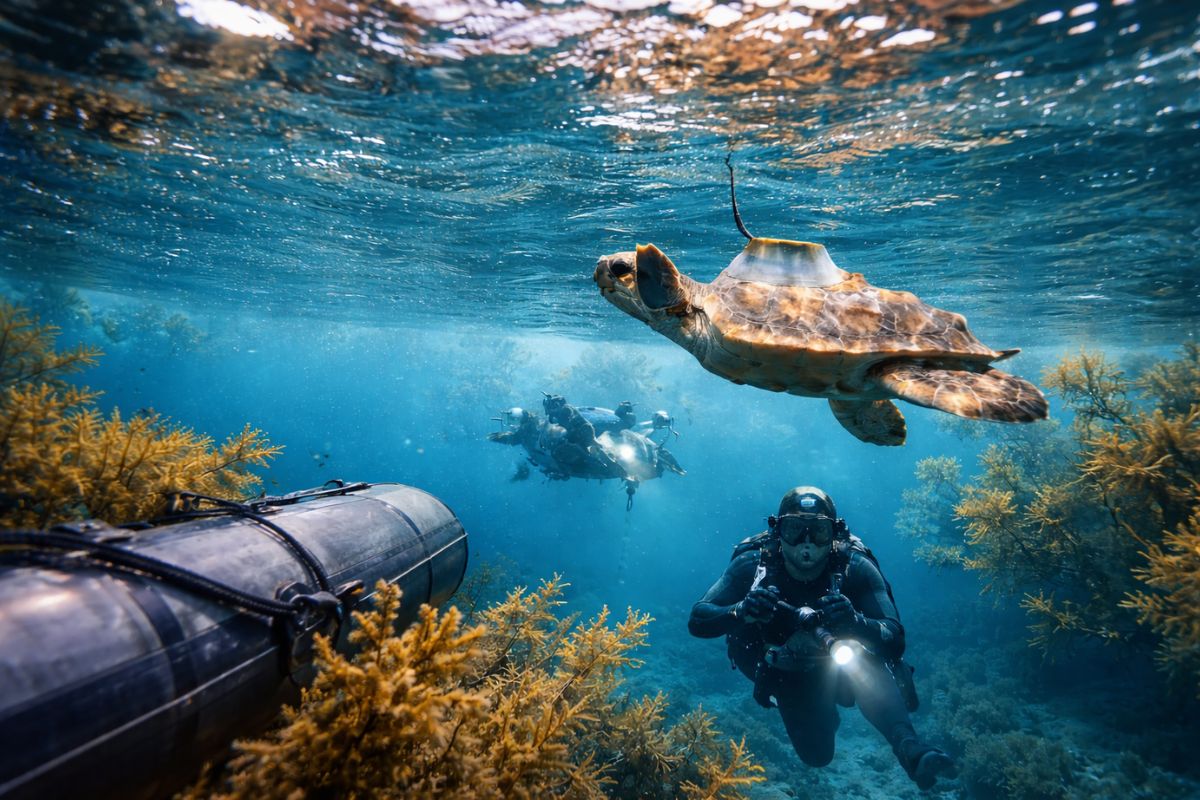 Espécies ameaçadas são monitoradas com drones, telemetria animal, gravações acústicas e inteligência artificial para proteger a vida marinha em tempo real.