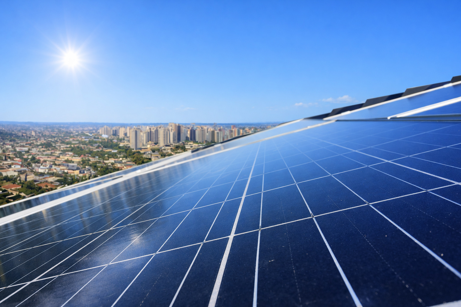 Painéis solares em telhado refletindo a luz do sol ao meio-dia, com cidade ao fundo e céu claro.