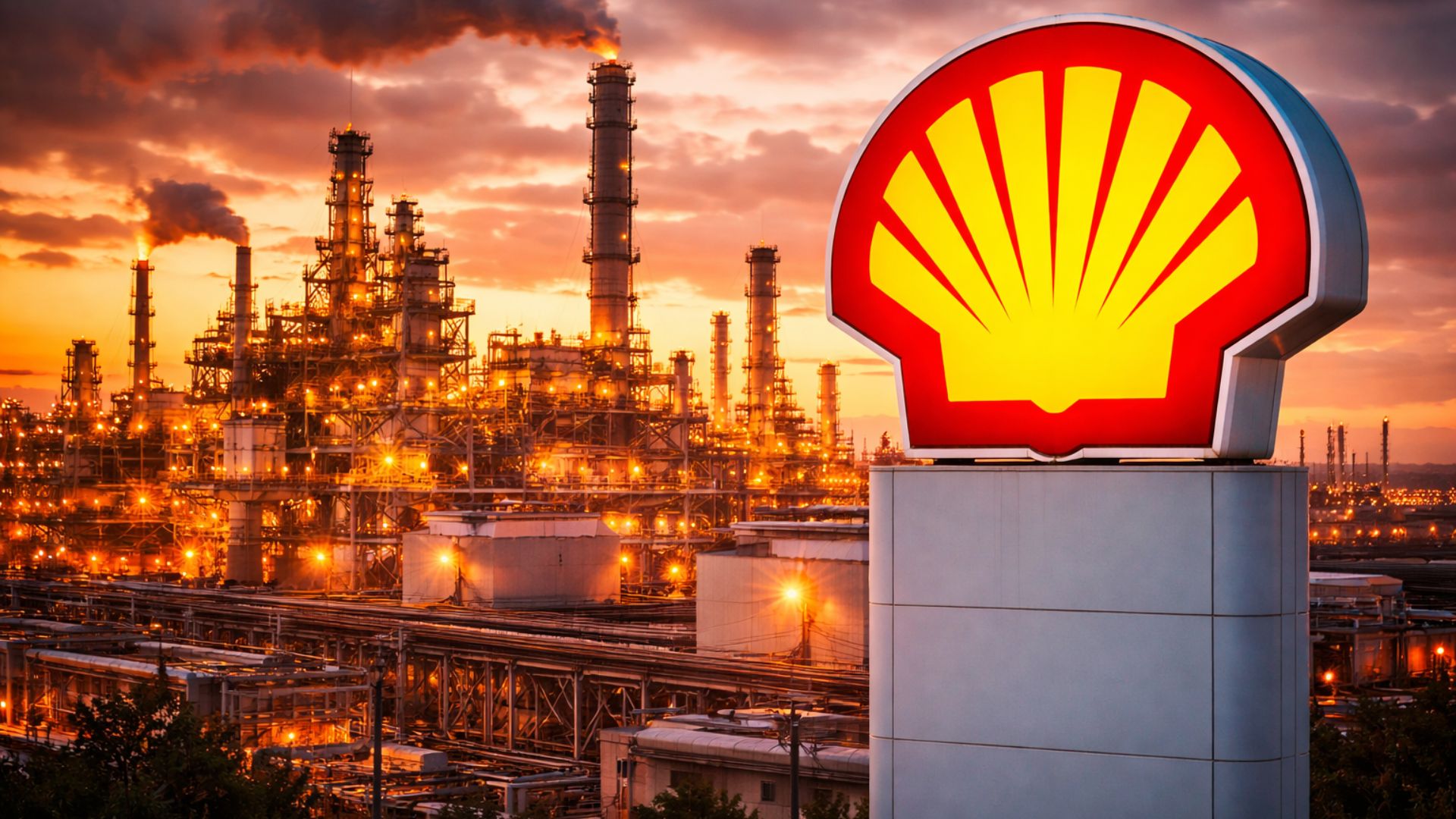 Logotipo da Shell em primeiro plano com refinaria de petróleo ao fundo, simbolizando aumento da produção de petróleo e gás e desafios financeiros no setor energético global