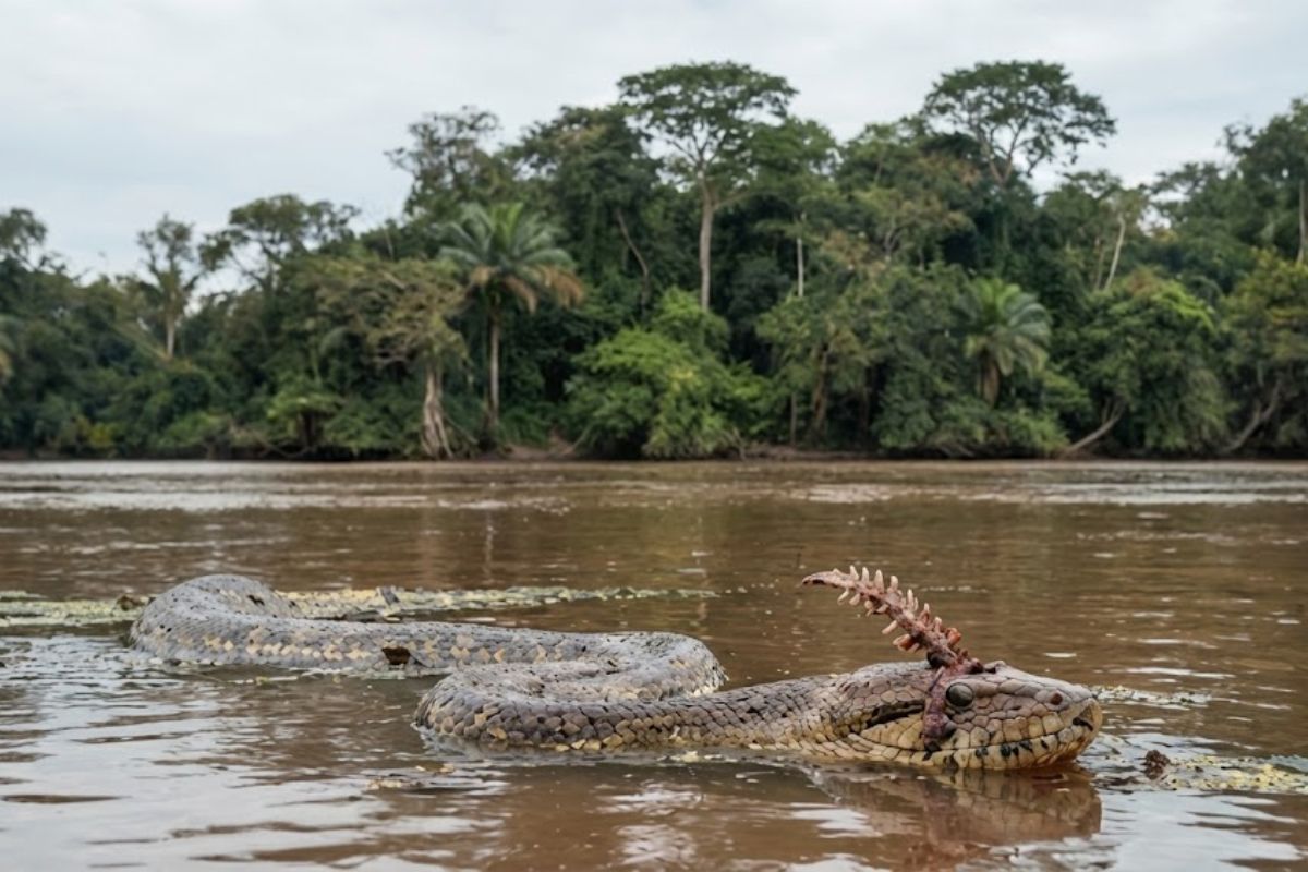 Sucuri gigante morre no Pantanal após engolir peixe armal no rio Dourados, expondo falha rara da cadeia alimentar e surpreendendo guias locais