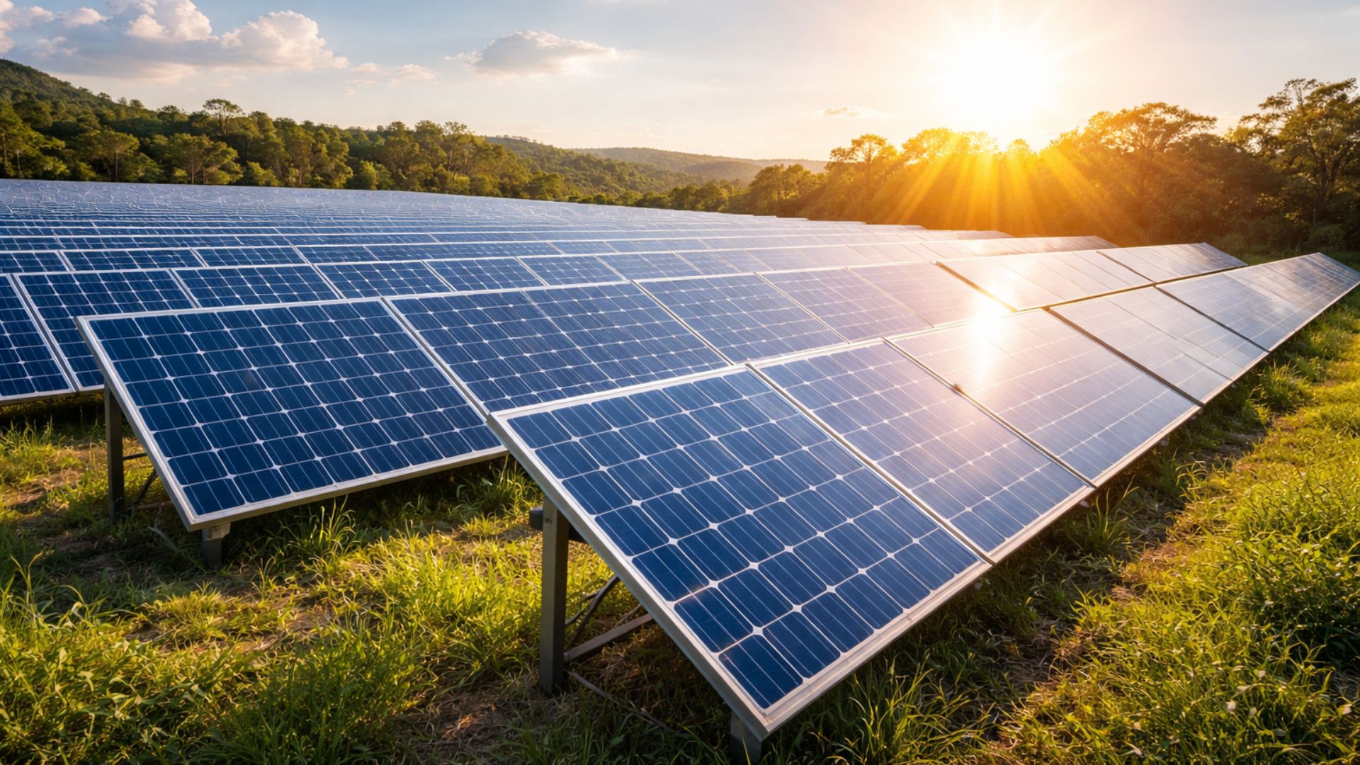 Painéis solares fotovoltaicos instalados em área aberta, captando luz solar ao entardecer, com vegetação ao redor e céu limpo, representando geração de energia limpa e sustentável