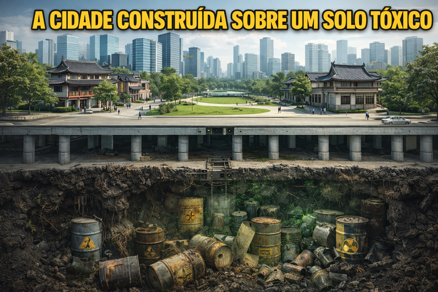 Planejada sobre uma área de cerca de 30 km² e erguida sobre lajes estruturais, estacas profundas e plataformas contínuas, esta cidade chinesa foi construída para isolar edifícios de um solo altamente contaminado e instável