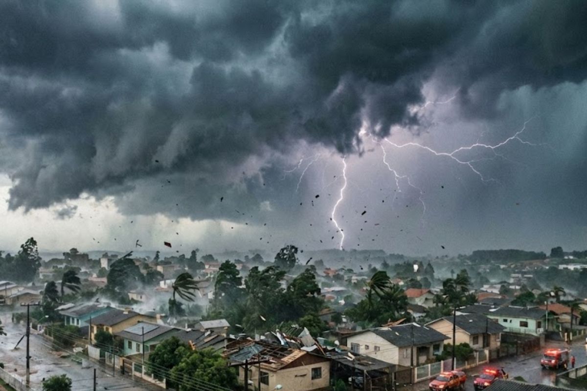 Tornado raro atinge a Grande Curitiba com ventos fortes, destrói casas em São José dos Pinhais e revela a força de um fenômeno extremo no Sul.