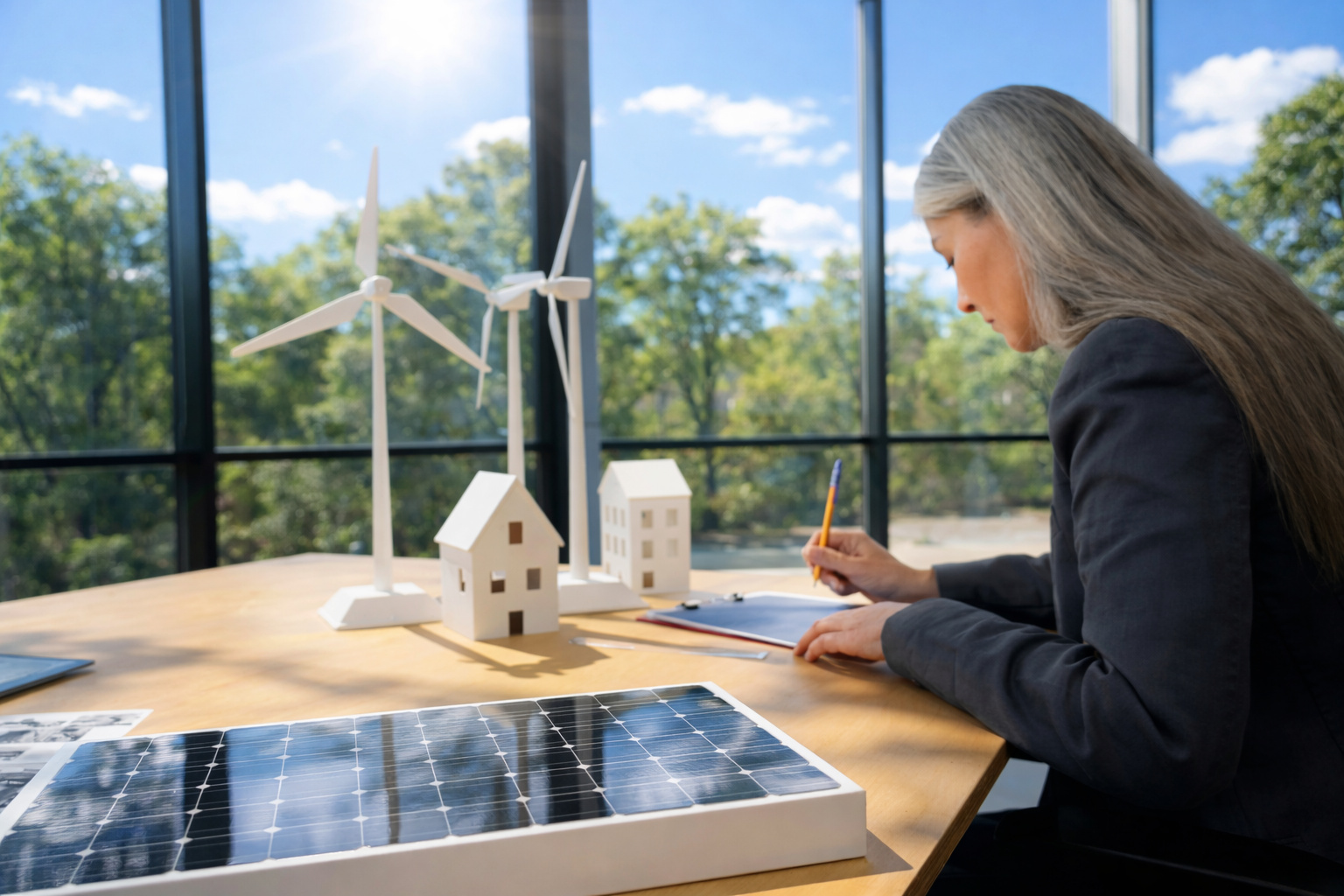 Mulher trabalhando em projeto de energia sustentável em escritório iluminado pelo sol, com painel solar e maquetes de casas e turbinas eólicas sobre a mesa.
