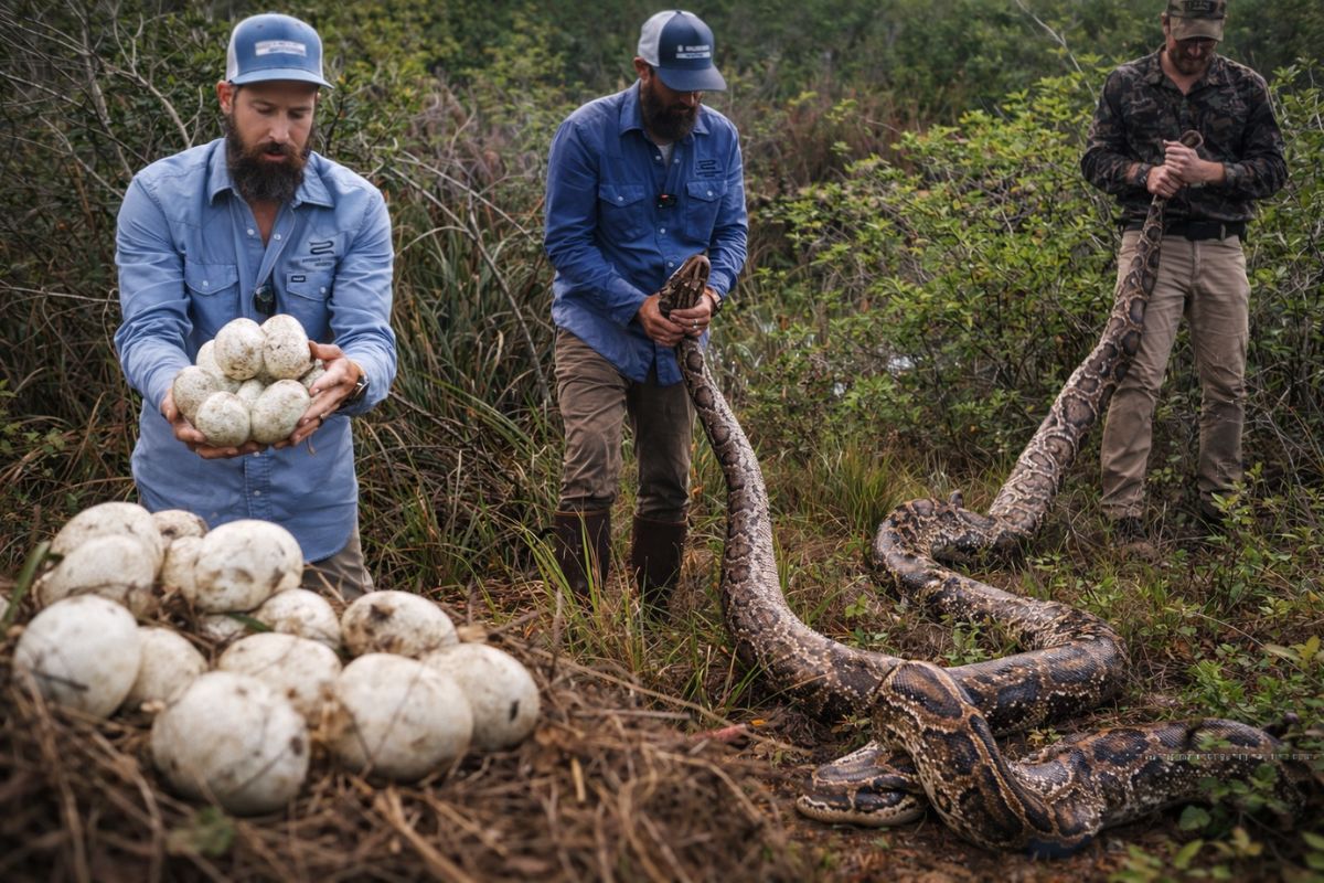 pítons nos Everglades da Flórida: ninhos ativos expõem risco à fauna nativa e mostram por que o controle segue difícil.