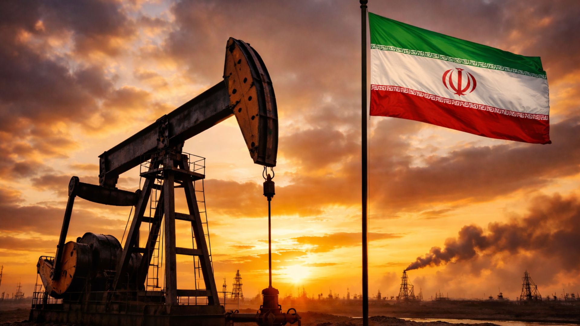 Bomba de petróleo em operação ao entardecer com bandeira do Irã hasteada em campo petrolífero, simbolizando tensões geopolíticas e impacto na oferta global de petróleo.