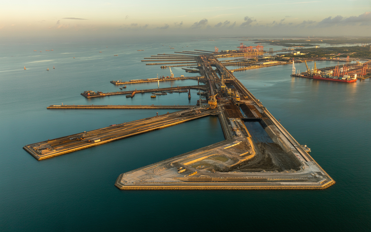 Singapura empurra o mar para trás, cria bairros inteiros sobre ilhas artificiais, move mais de 200 milhões de m³ de solo dragado e constrói um megaporto logístico