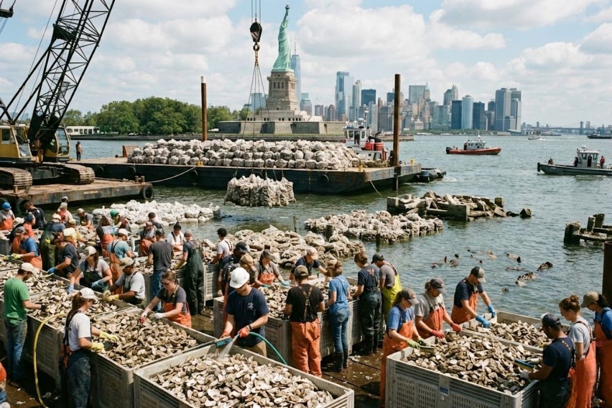No porto de Nova York, voluntário ajuda a restaurar recife de ostra e traz biodiversidade de volta às águas poluídas, provando que a recuperação é possível.