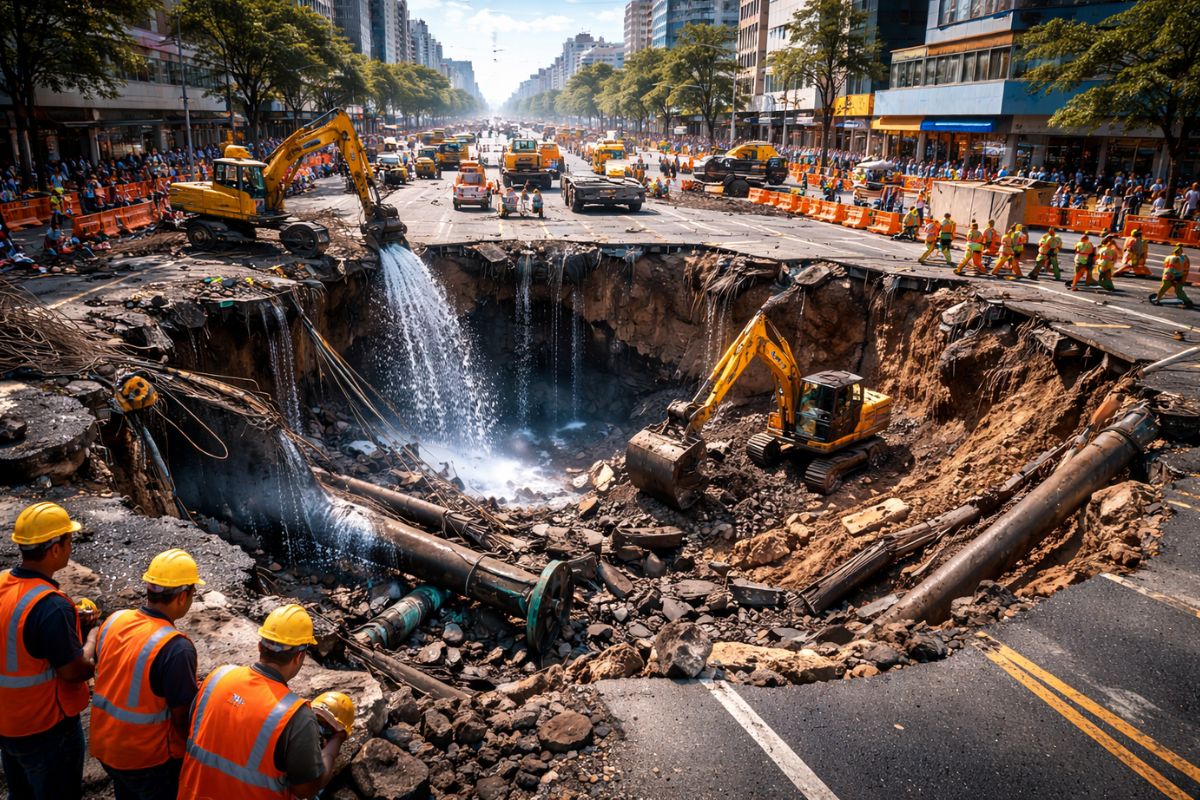 buraco de 450 m² em Fukuoka perto de Hakata foi reaberto em 48 horas com 6.200 metros cúbicos, após engolir cinco pistas e interromper serviços, com promessa de estrutura 30 vezes mais resistente.