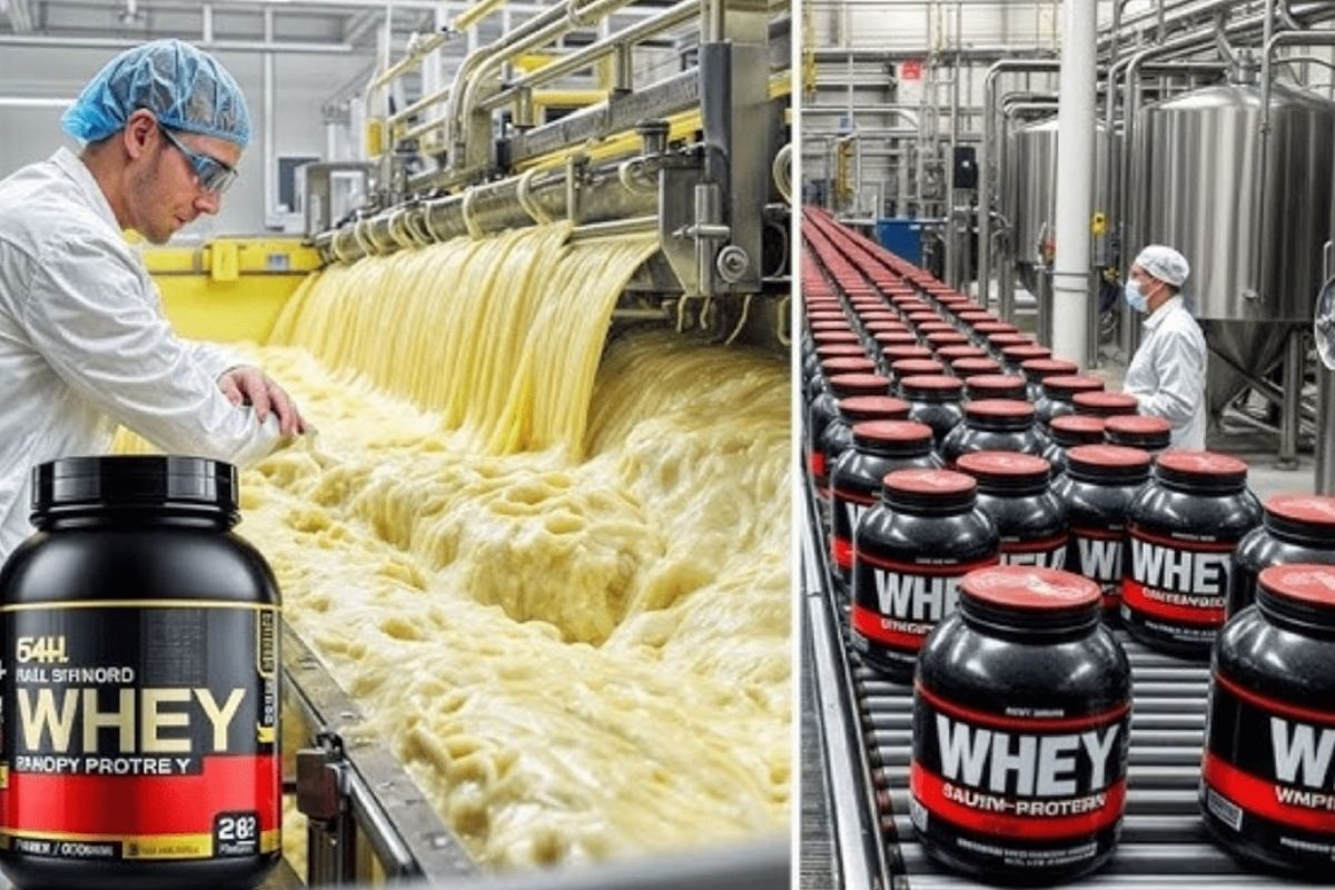 whey protein sai do soro e do leite em fábricas 24 horas, vira pó em escala industrial e chega ao envase com milhares de potes por dia no mundo.