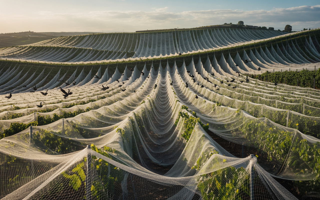 Viticultores cobriram vinhedos inteiros com redes gigantes para barrar bandos de pássaros que destruíam safras completas em poucos dias