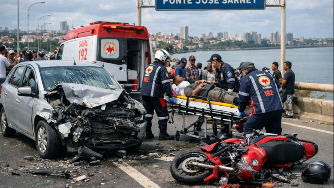 Colisão entre carro e motocicleta na Ponte José Sarney, em São Luís, deixa motociclista gravemente ferido e mobiliza atendimento do SAMU.