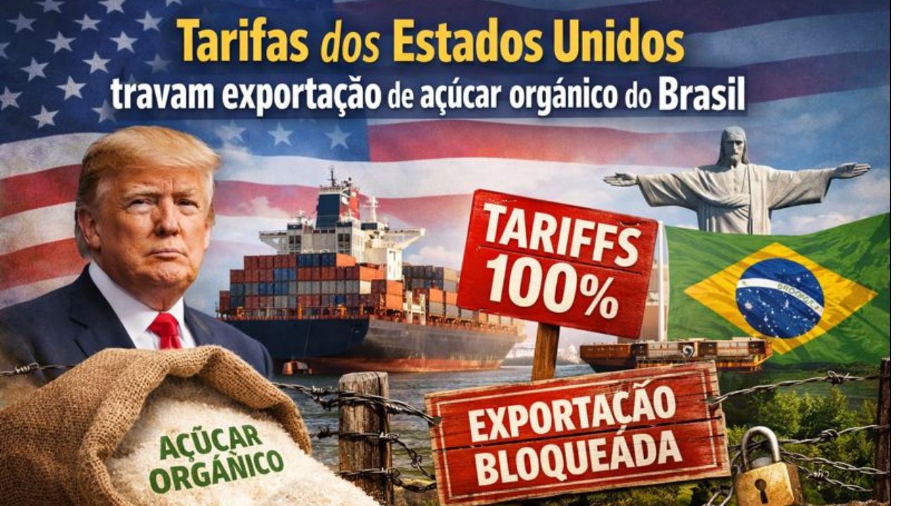 Tarifas dos Estados Unidos elevam custos, travam a exportação de açúcar orgânico do Brasil e deixam produtores sem alternativas de mercado.